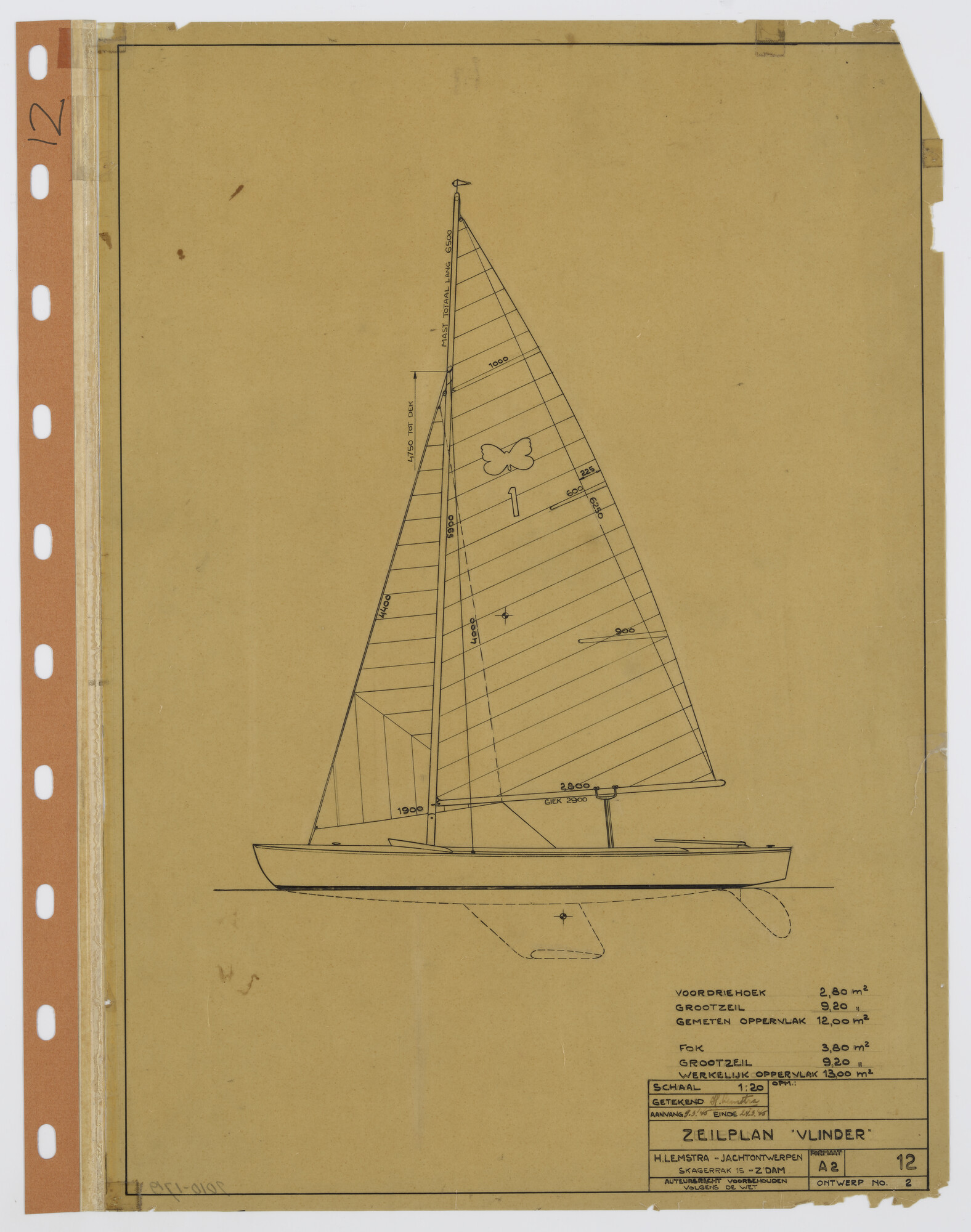 2010.1719; Zeilplan van het Vlinderjacht van 5.40 m; technische tekening