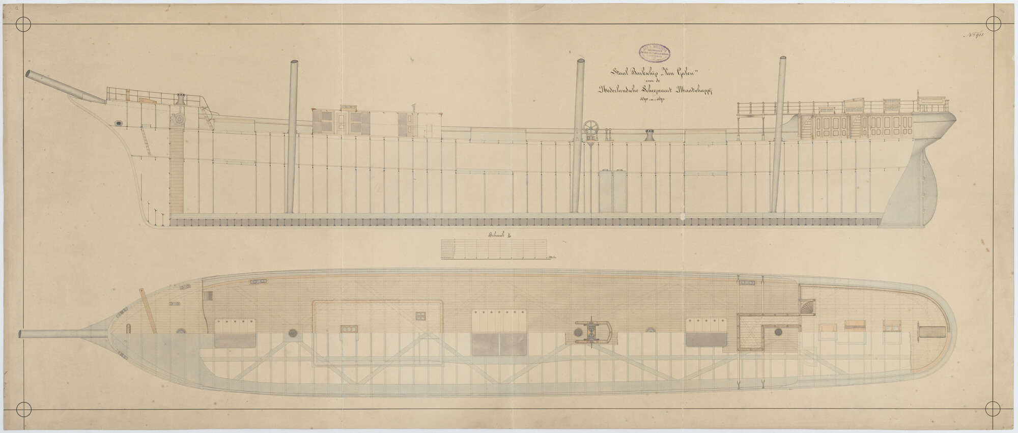 S.1156(05)0095; Verticale langsdoorsnede, bovenaanzicht van de klipperbark Van Galen; technische tekening