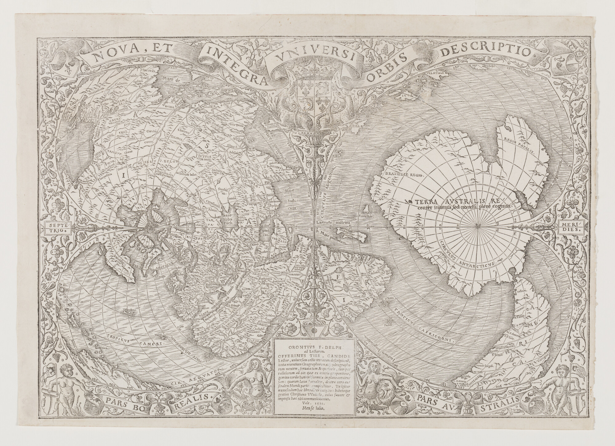 A.0145(062); Wereldkaart in dubbelhartvormige projectie door Oronce Finé, 1531; wereldkaart
