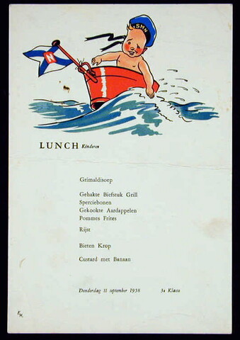 1993.1182; Menukaart voor de lunch voor kinderen,op donderdag 11 september 1958; menukaart