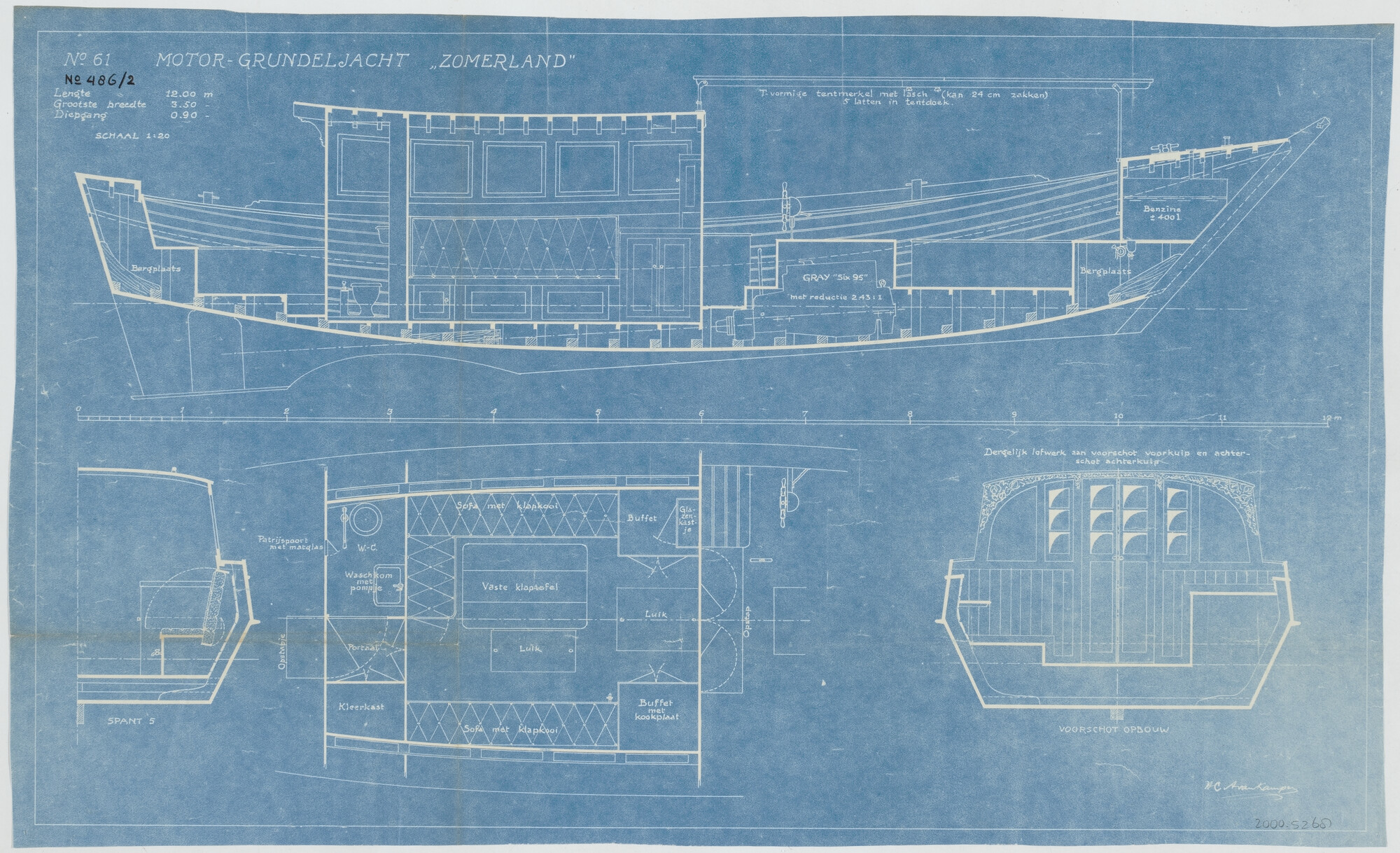 2000.5268; Algemeen plan en interieurplan van het grundeljacht 'Zomerland'; technische tekening