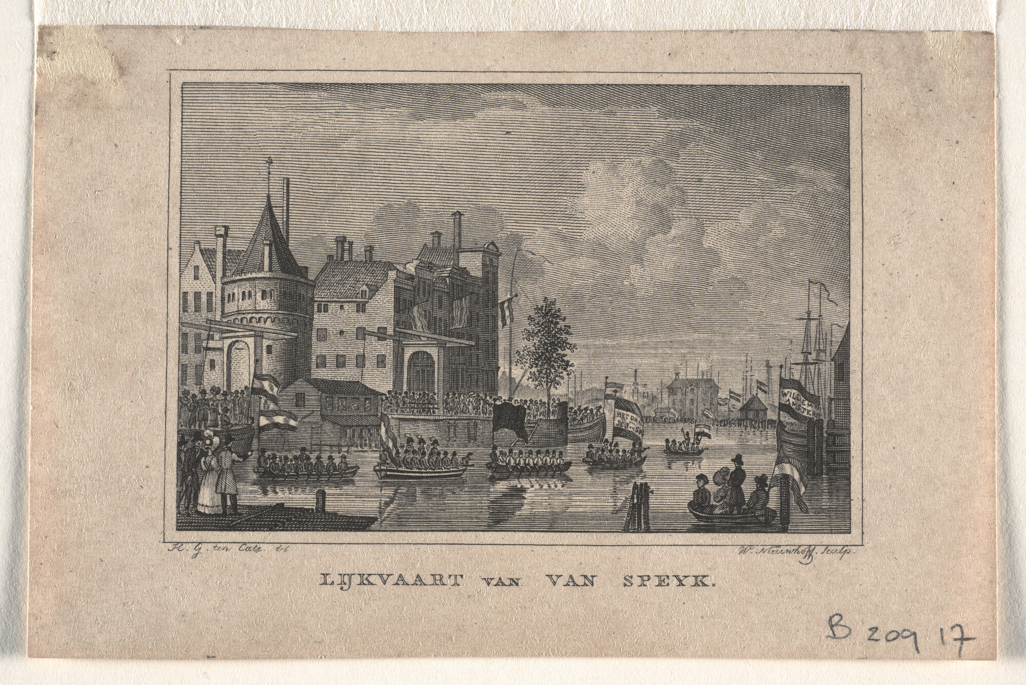 B.0209(17)22 1; Plechtige lijkvaart van Van Speyk met links gezicht op de Schreierstoren; prent