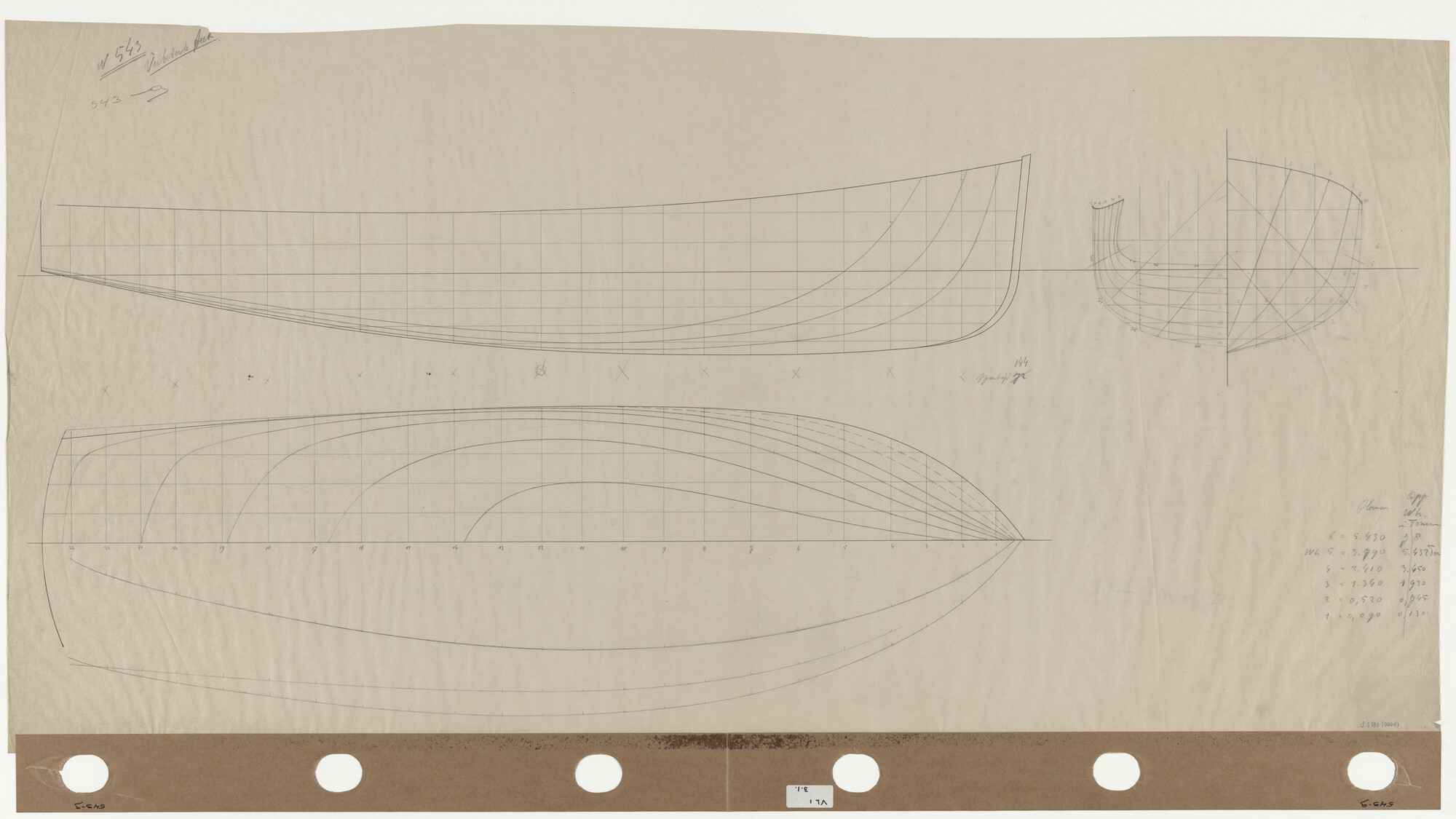 S.5180(0004); Lijnenplan van een stalen motorboot voor passagiersvervoer en sleepwerk; technische tekening