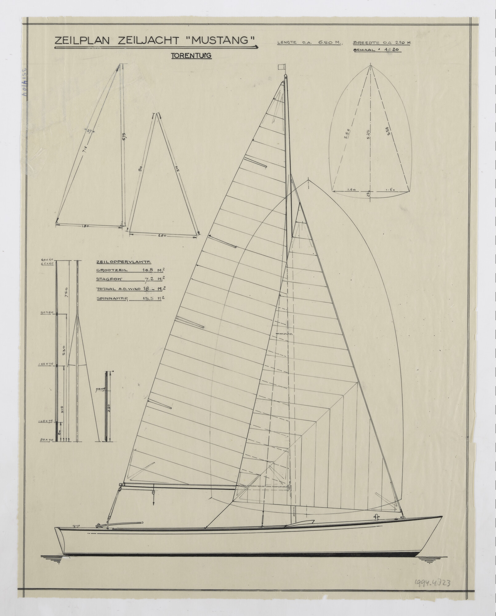 1994.4823; Zeilplan zeiljacht Mustang; technische tekening