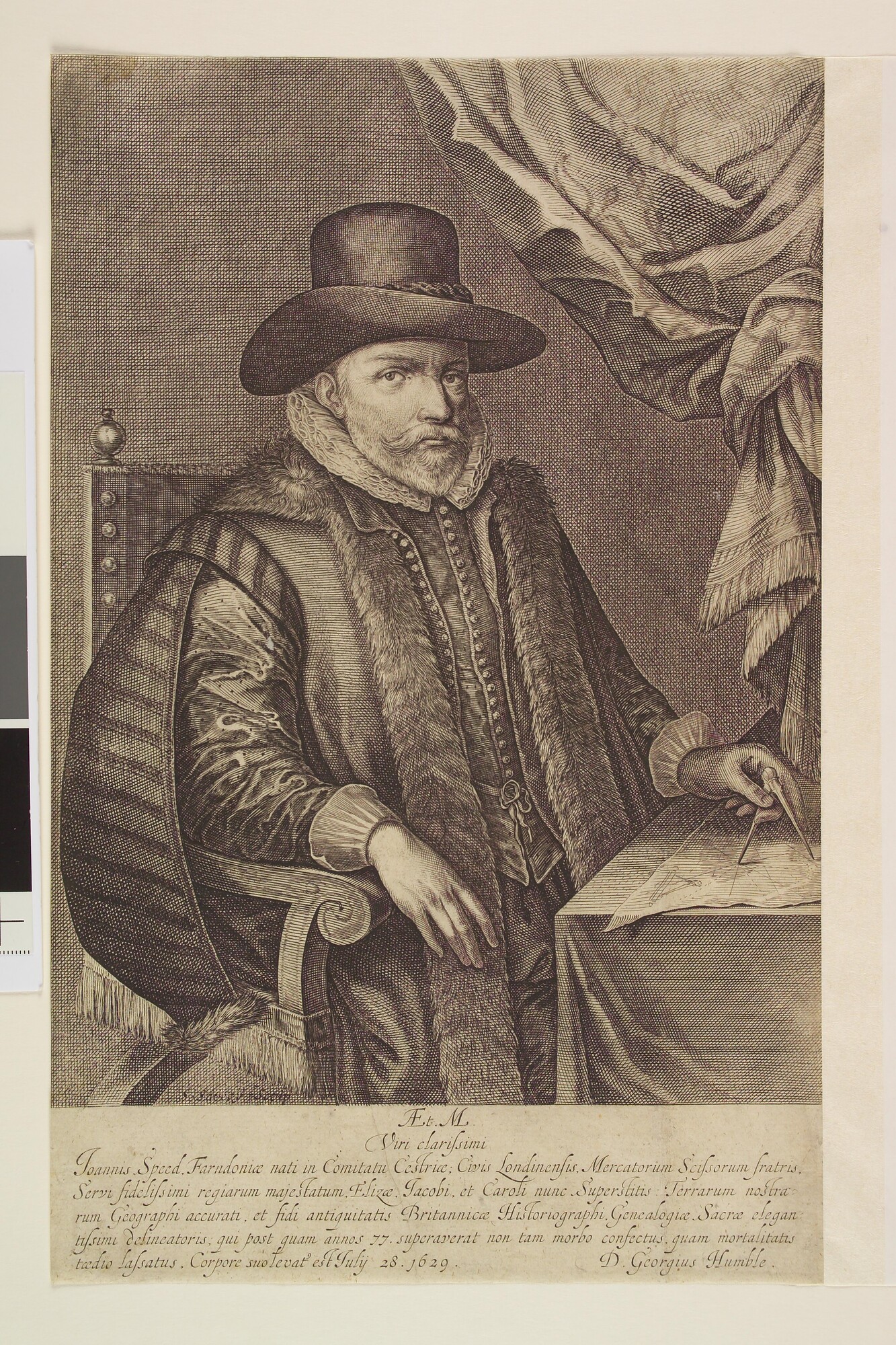 S.1631; Portret van Joannes Speed, historicus en cartograaf; prent