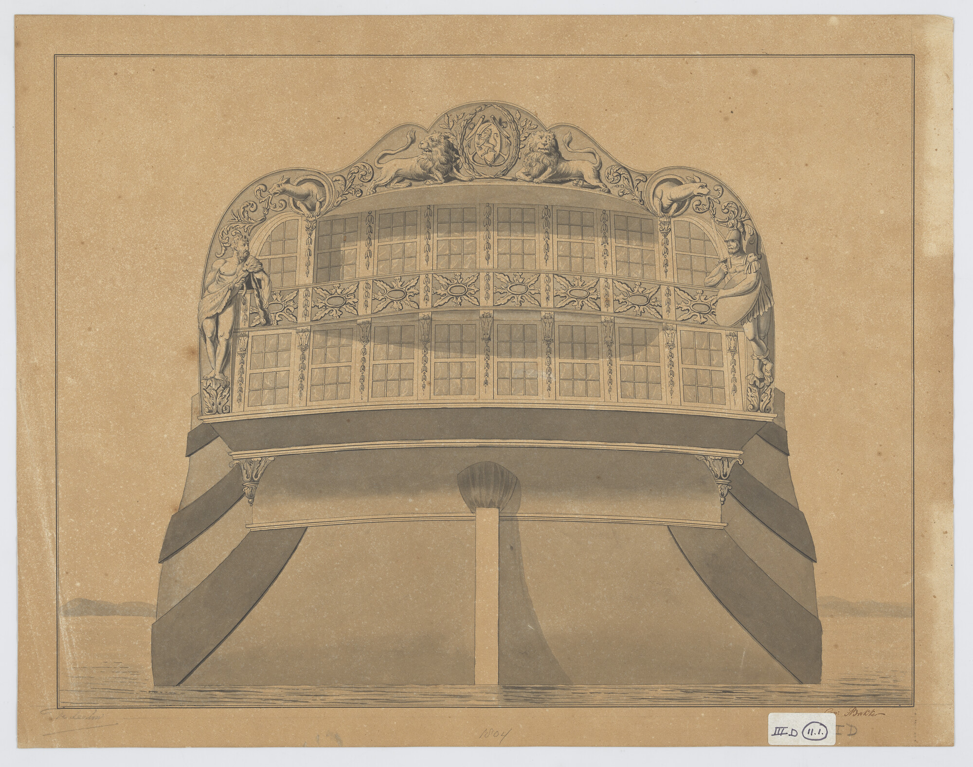 S.0600(01)091; Spiegel van het linieschip 'Leeuw'; technische tekening