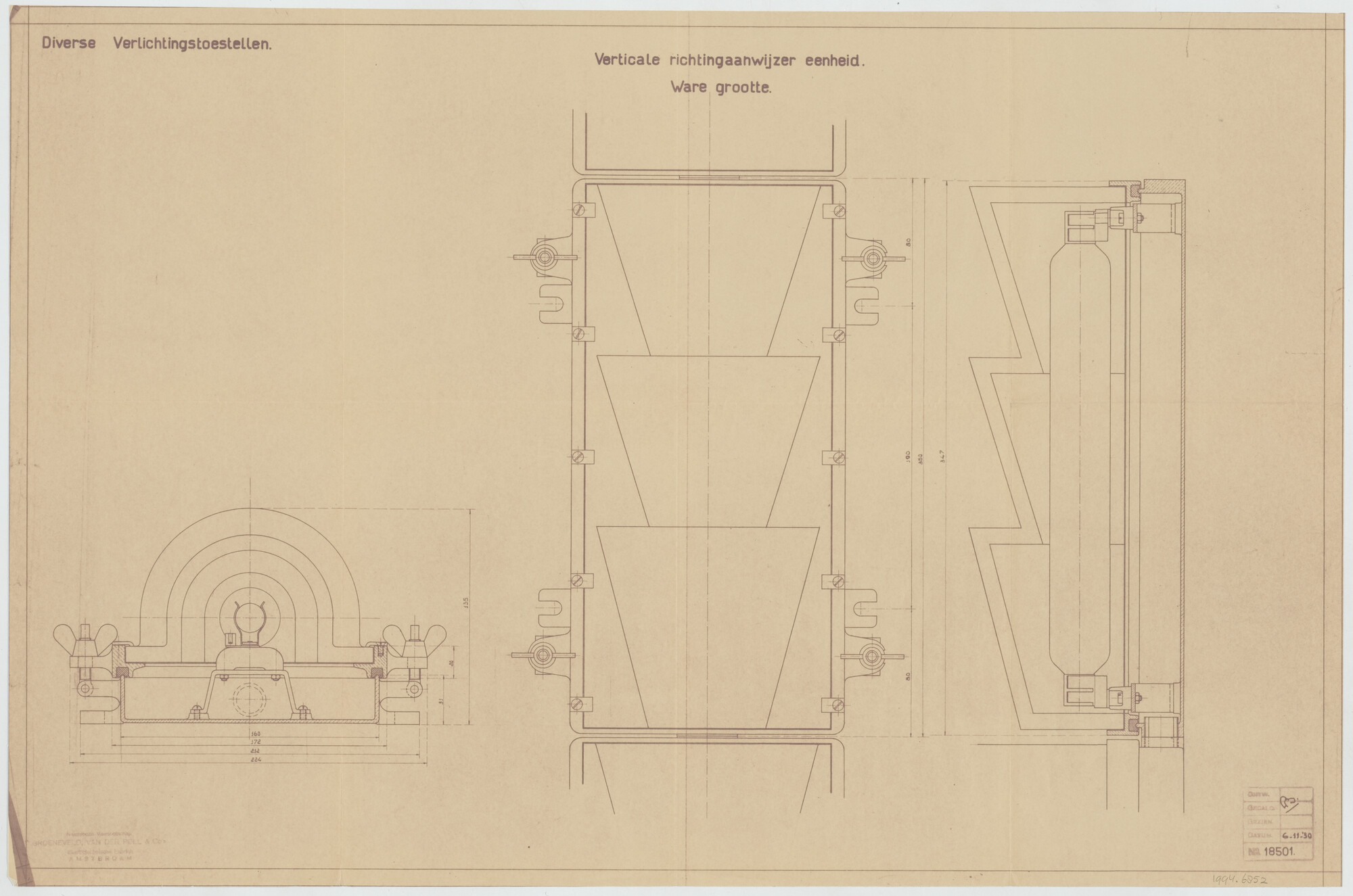 1994.6852; Constructietekening van een verticale richtingaanwijzer; technische tekening