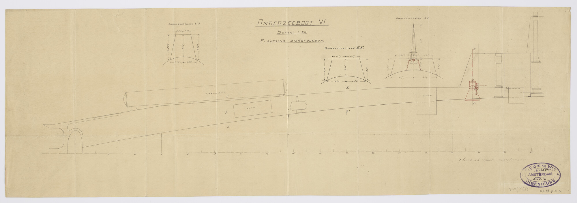 S.2175(3773); Microfoondom aan boord van de onderzeeboot Hr.Ms. 'O 6'; technische tekening