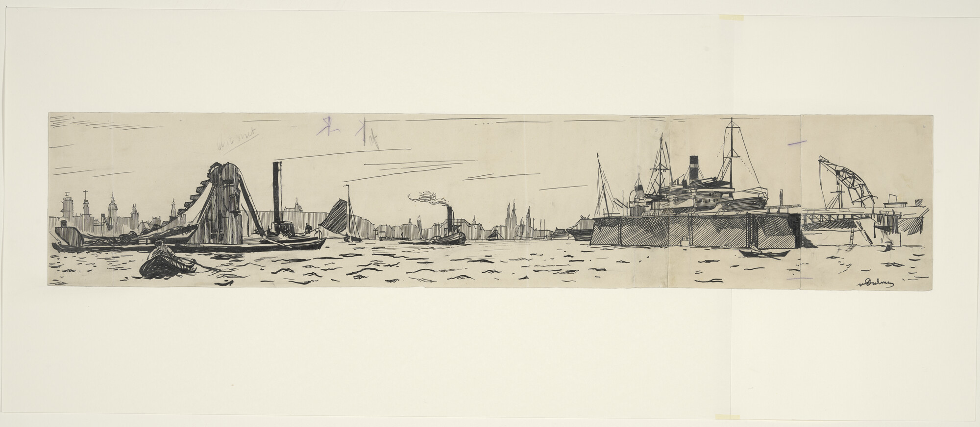 S.5748(12); Scheepvaart op het IJ met rechts een droogdok en links een baggermolen; tekening