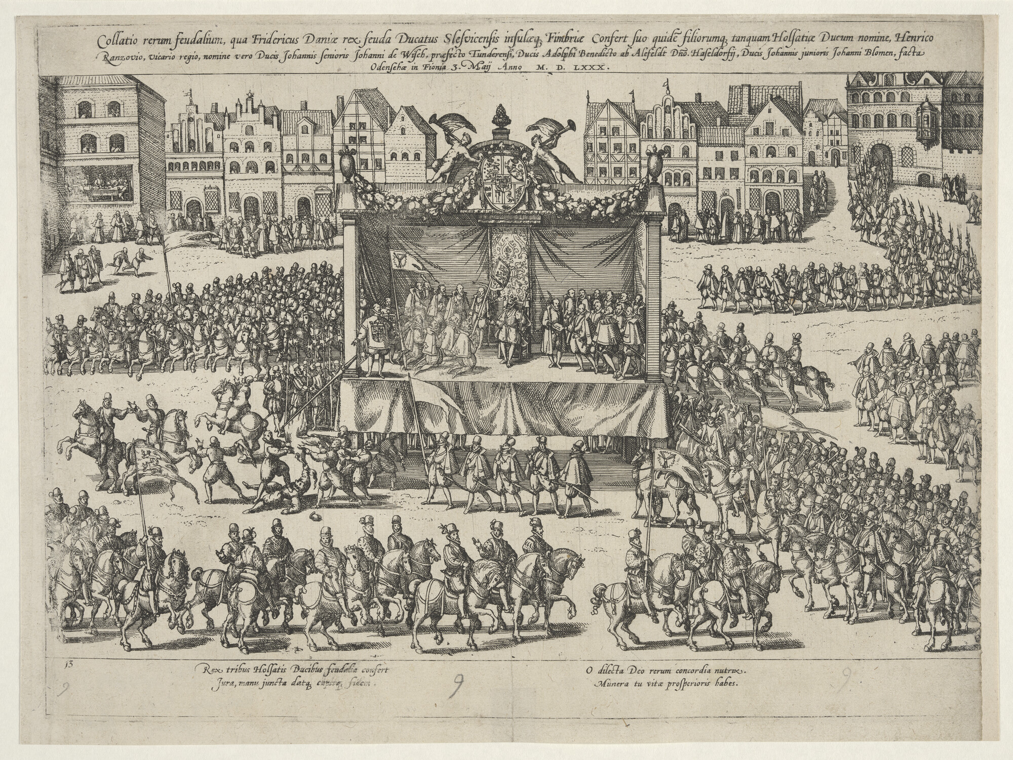 A.0145(027)380; Belening van Hendrik Ranzov, door koning Frederik II van Denemarken; prent