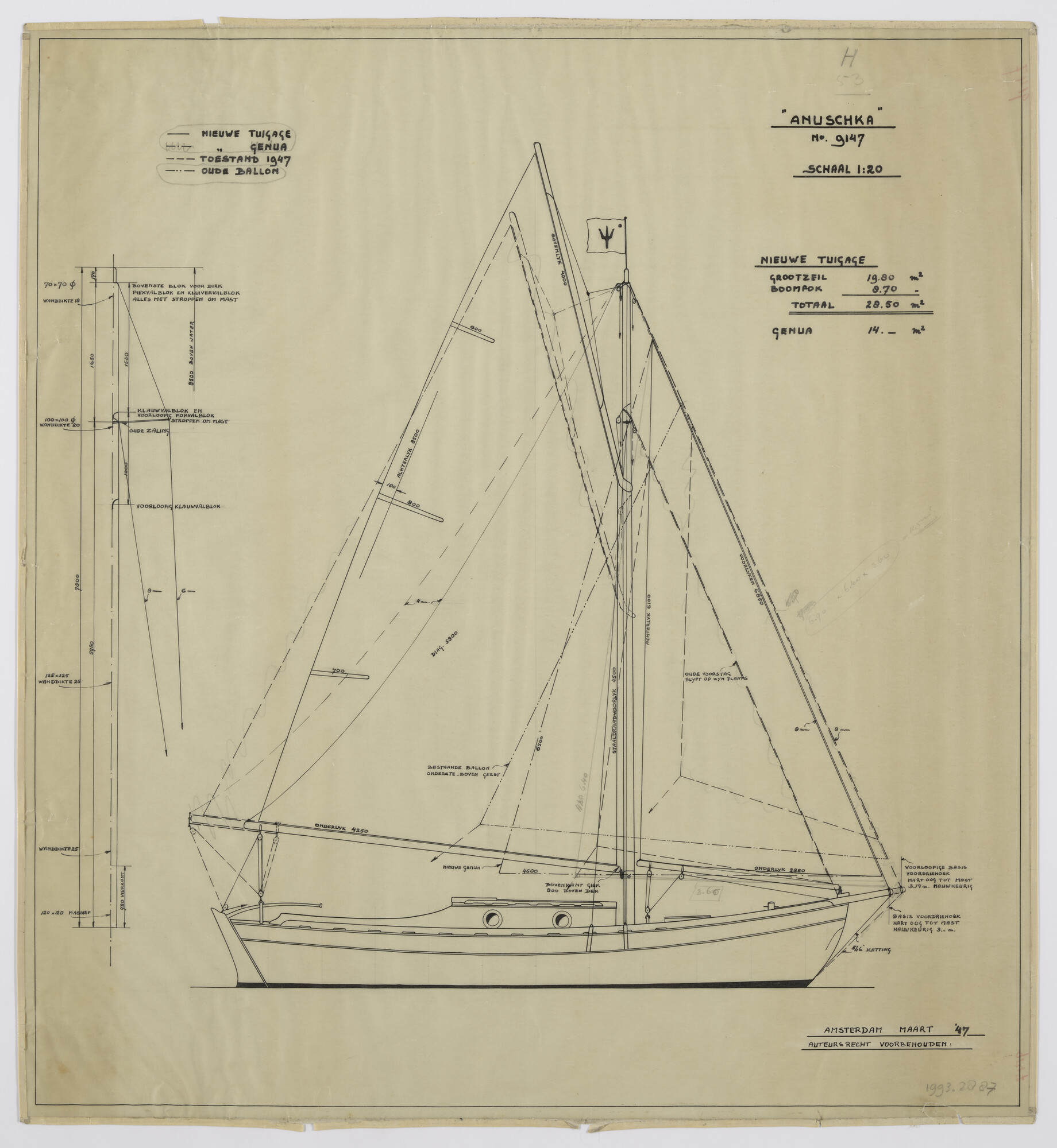 1993.2887; Zeilplan 'Anuschka'; technische tekening