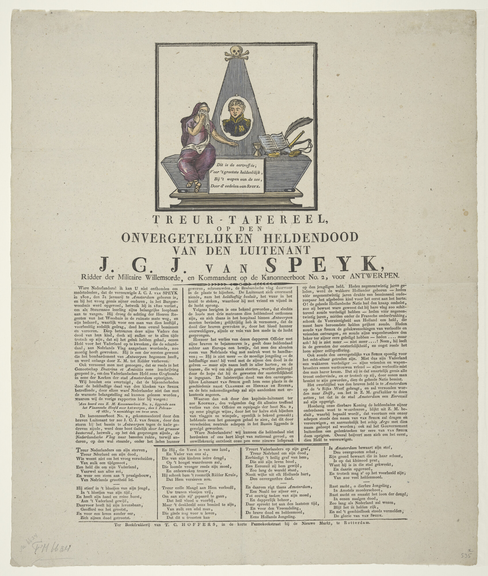 A.2256(03); Gedenkzuil met treurtafereel op de onvergetelijken heldendood van Van Speyk; prent