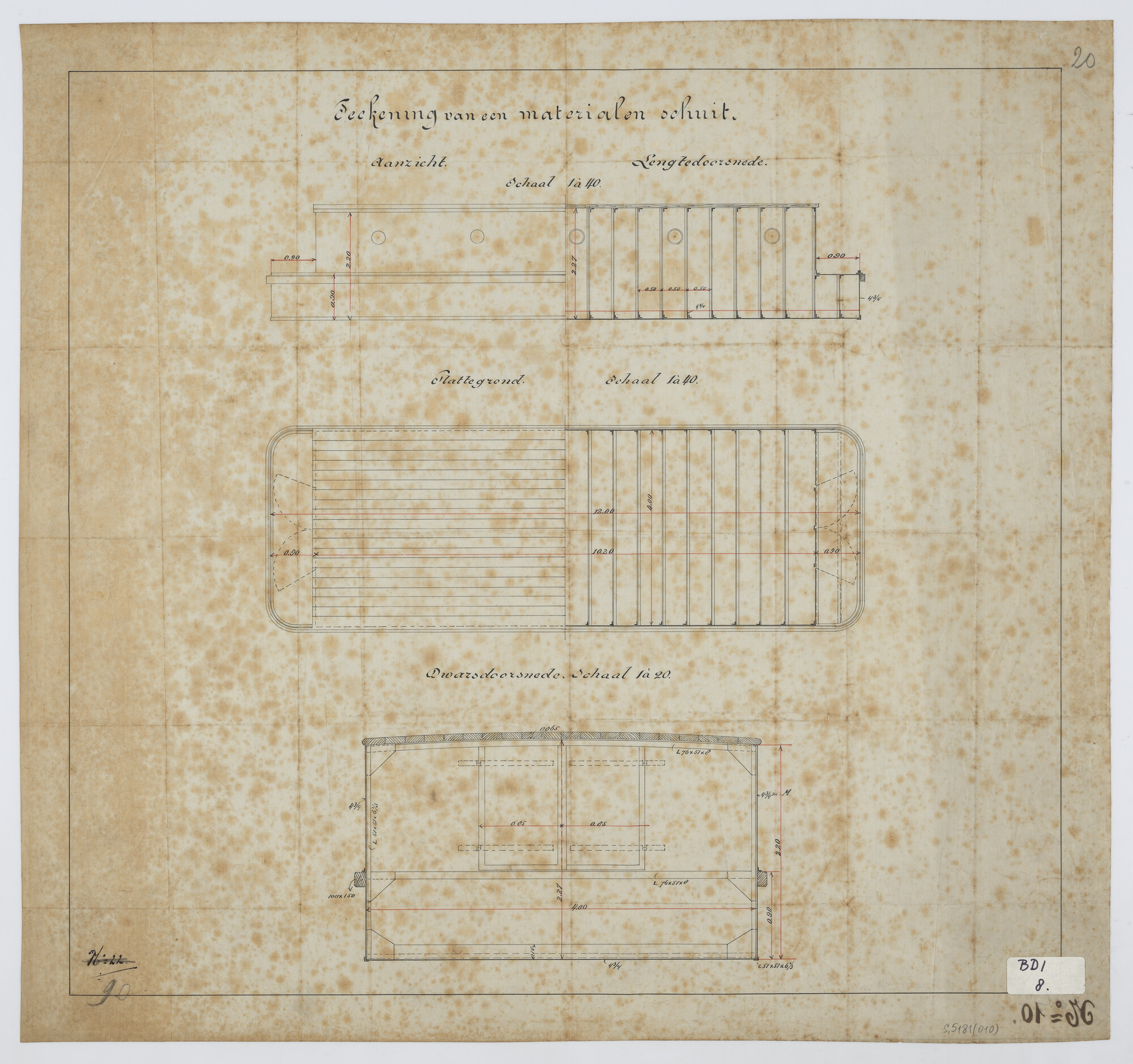 S.5181(010); Algemeen plan van een materialenschuit; technische tekening