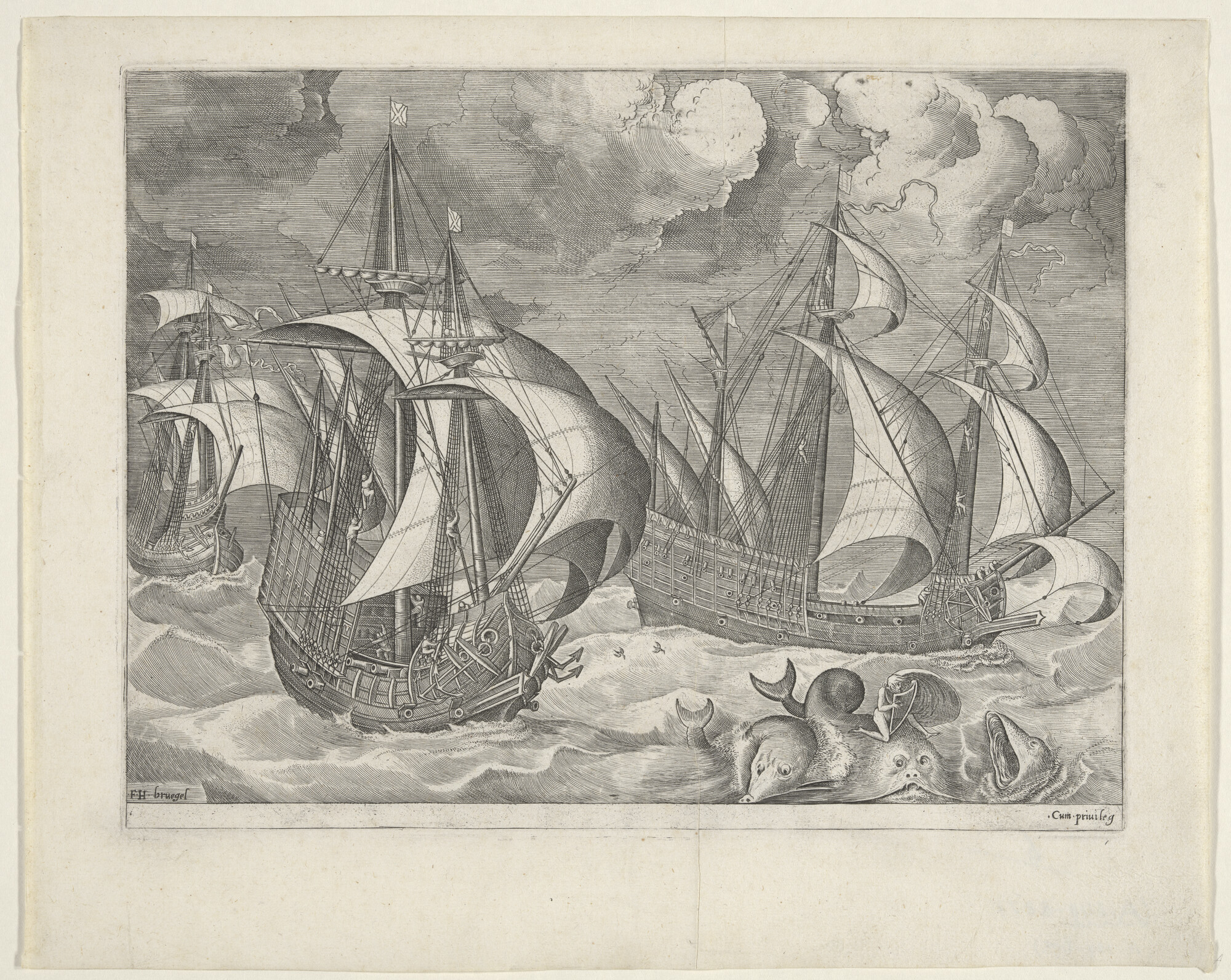 A.0149(0195); Oorlogsschepen, waaronder twee viermasters, in een storm; prent