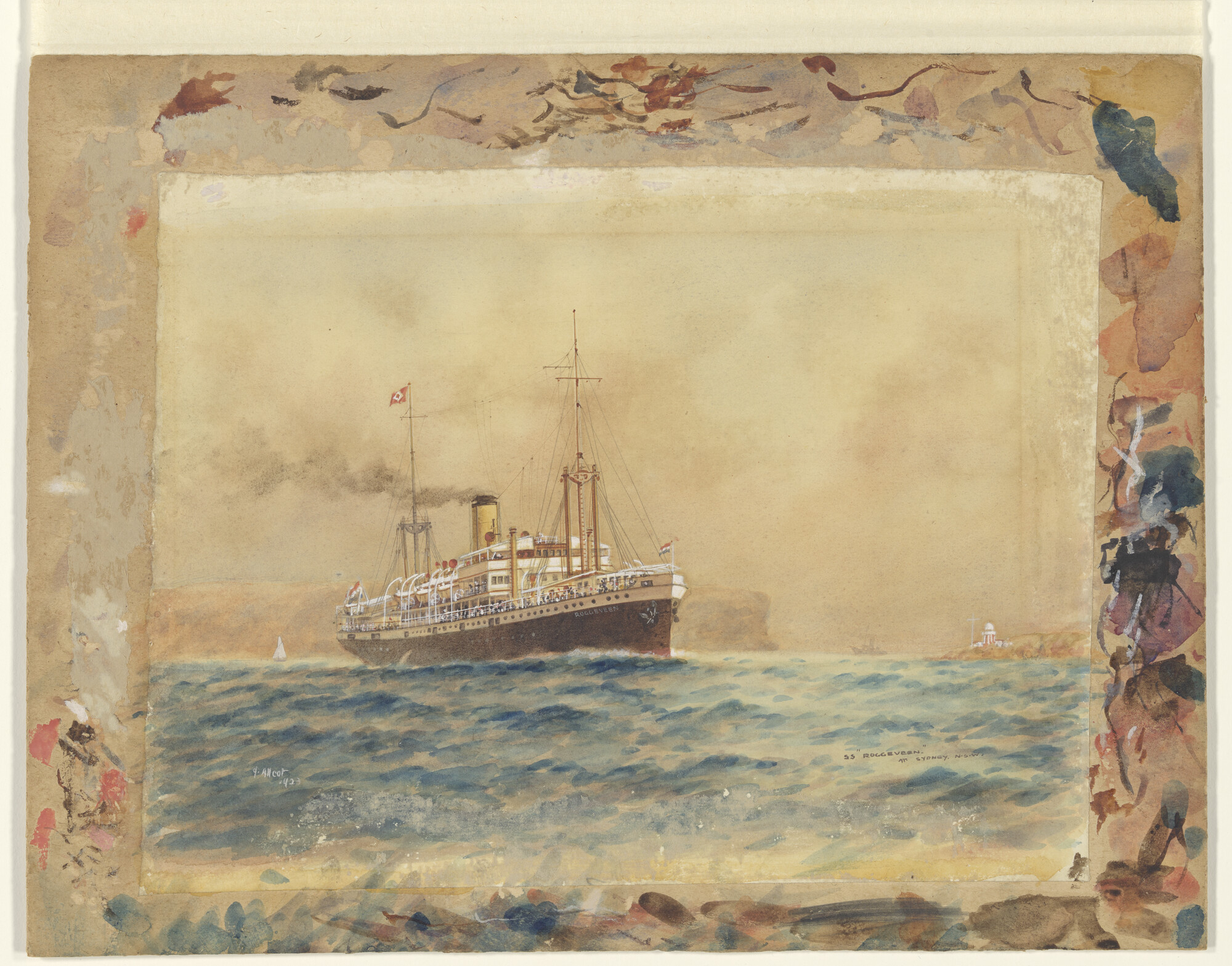 A.5772; Het passagiersschip ss. Roggeveen van de KPM op de rede van Sydney; tekening