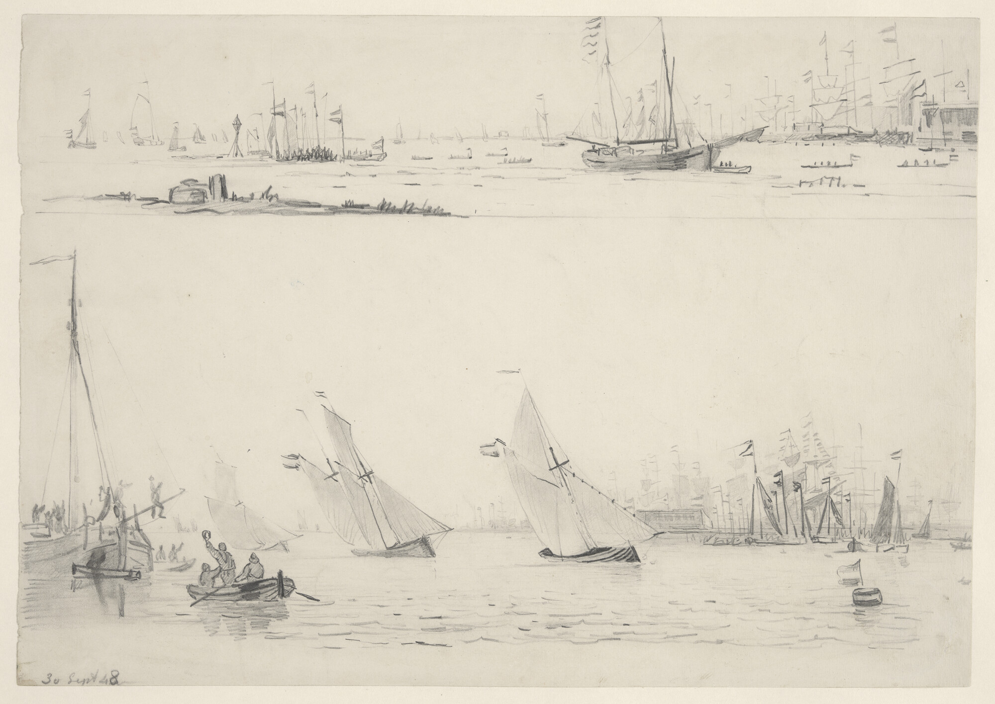 A.3308; Zeilwedstrijd op het IJ, 30 september 1848, twee afbeeldingen boven elkaar; tekening