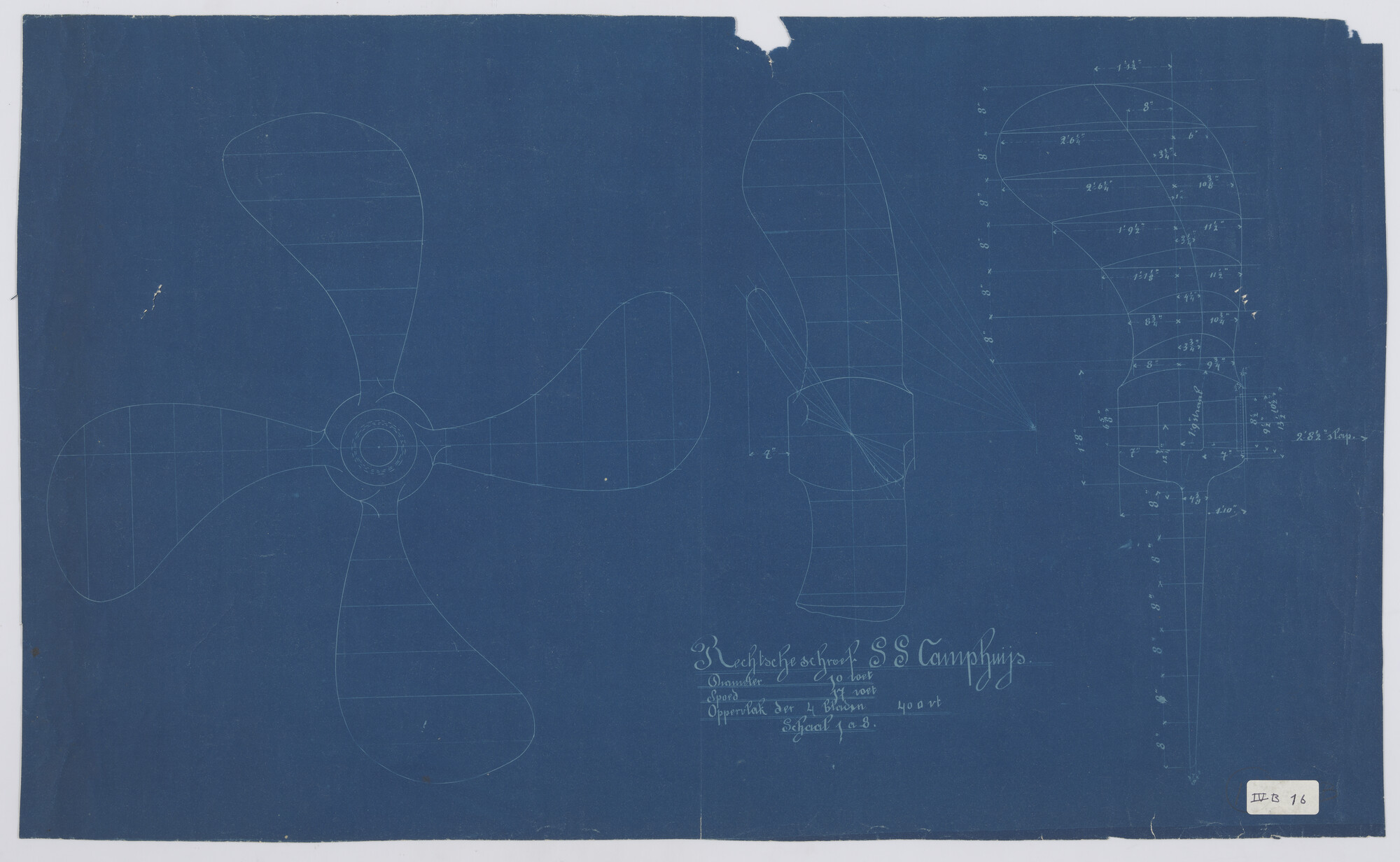 S.0027(048); Schroef van de stoomschepen 'Ruys', 'Tegelberg' en 'Camphuys'; technische tekening