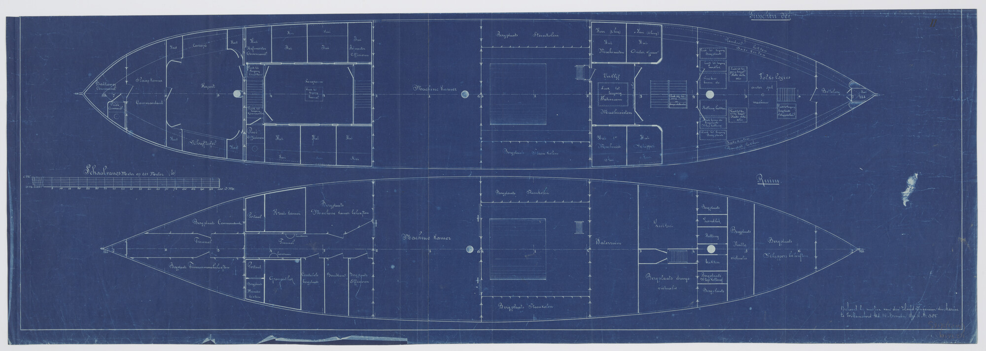 S.2175(4204); Tussendek en ruim van Hr.Ms. 'Zeehond' [ontwerp]; technische tekening