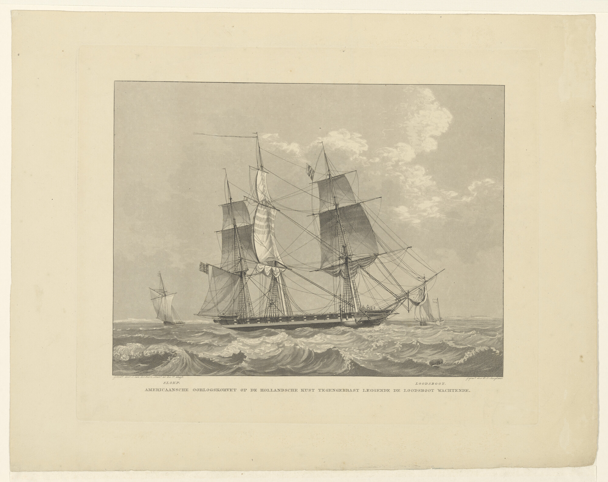 A.0149(0701); Een Amerikaans oorlogskorvet voor de Nederlandse kust; prent