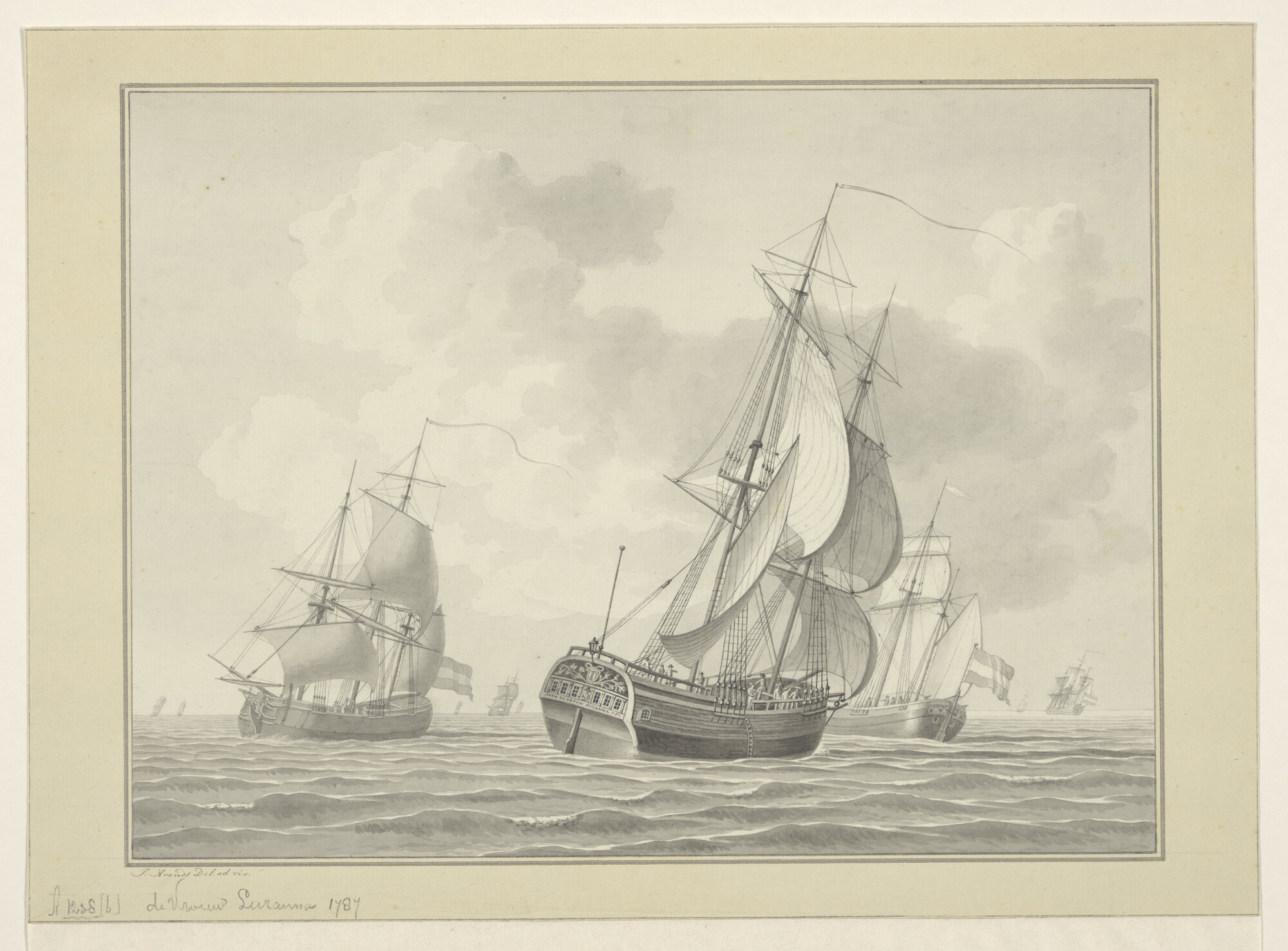 A.1238(06); Het brikschip 'De Vrouw Suzanna' e.a. schepen onder zeil in open water; tekening