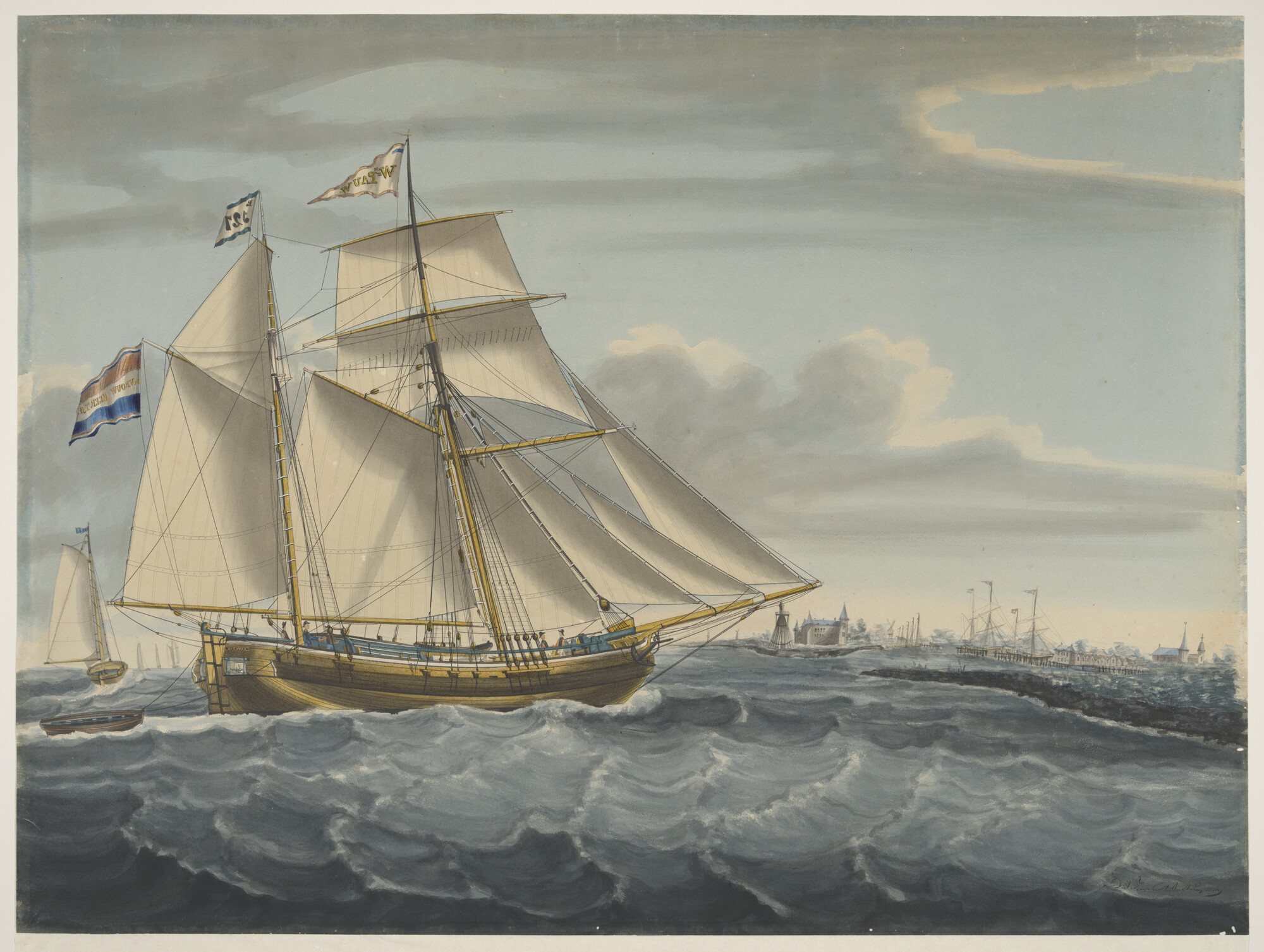 A.0149(0757); Het schoenerkofschip 'Vrouw Geertje van Purmerendt' op de rede van Medemblik; tekening