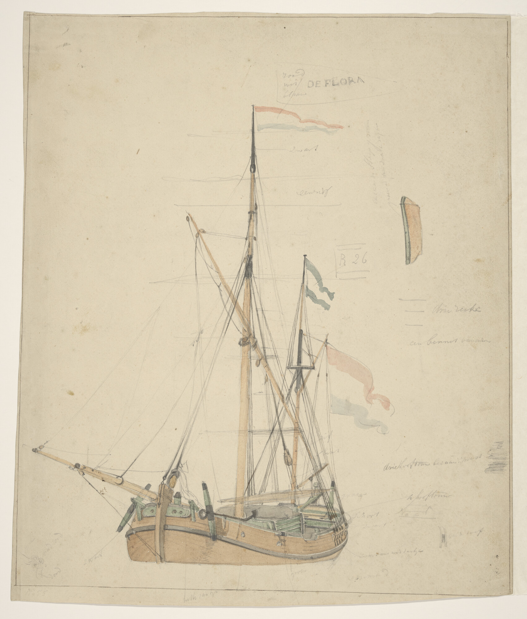 A.1081(a)16; Het kofschip 'Flora'; tekening