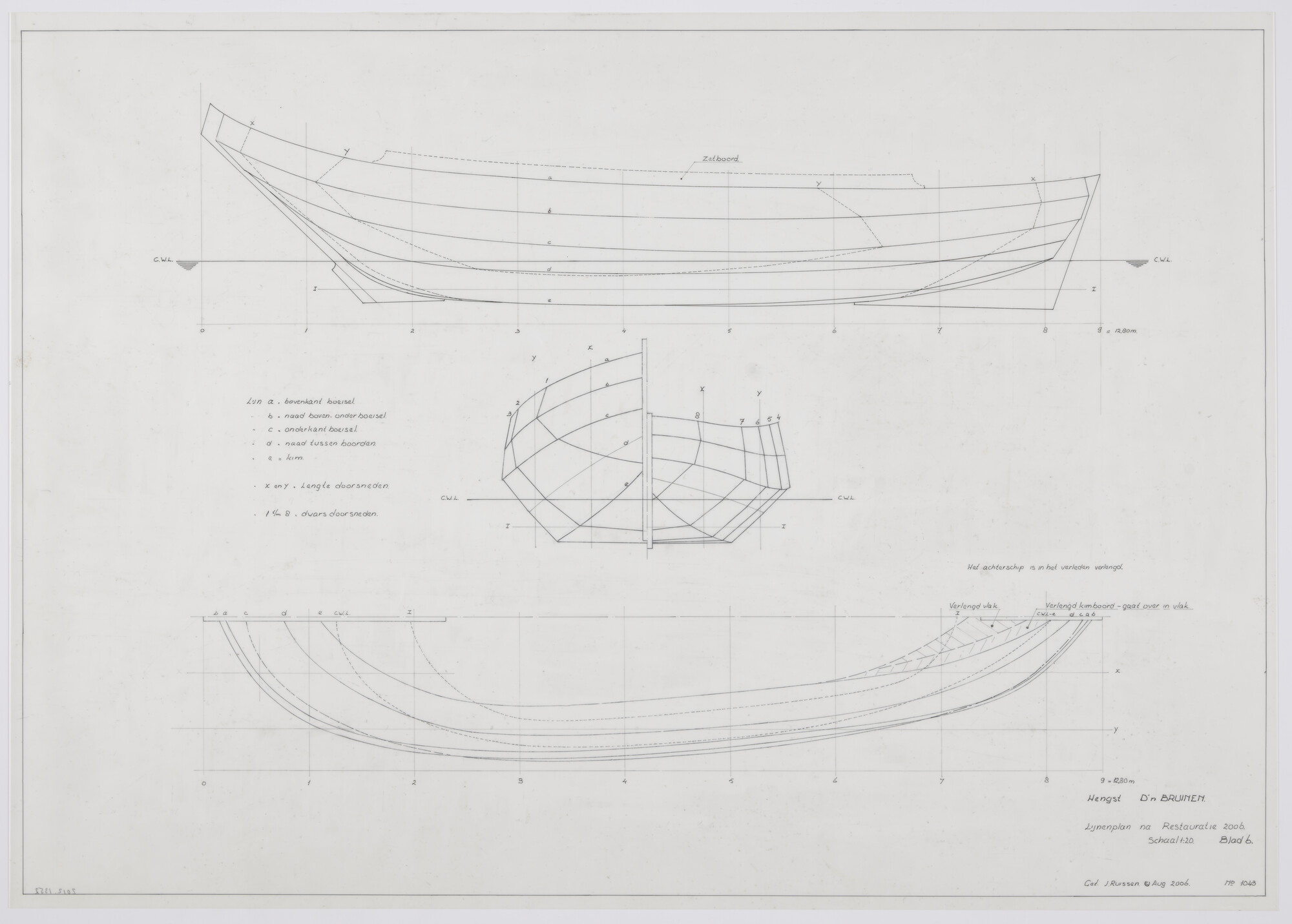 2012.1352; Lijnenplan van de hengst 'D'n Bruinen' van 12.80 meter; technische tekening