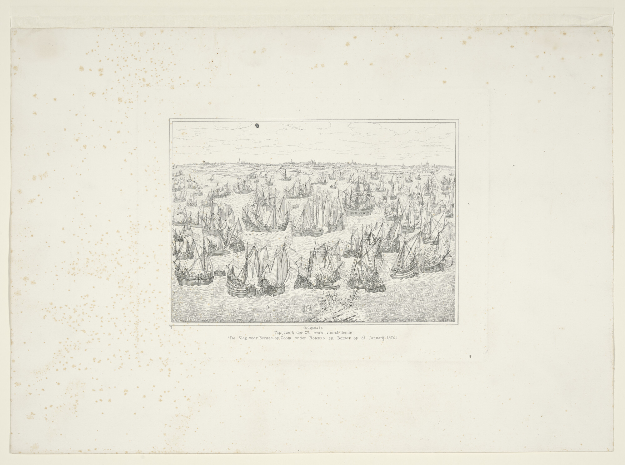 S.0280(01)1; De slag voor Bergen-op-Zoom onder Romero en Boisot op 31 januari 1574; prent
