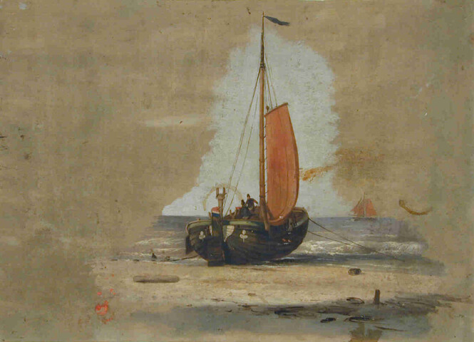 S.0634(01)d; Een visserspink (bomschuit) op het strand; tekening