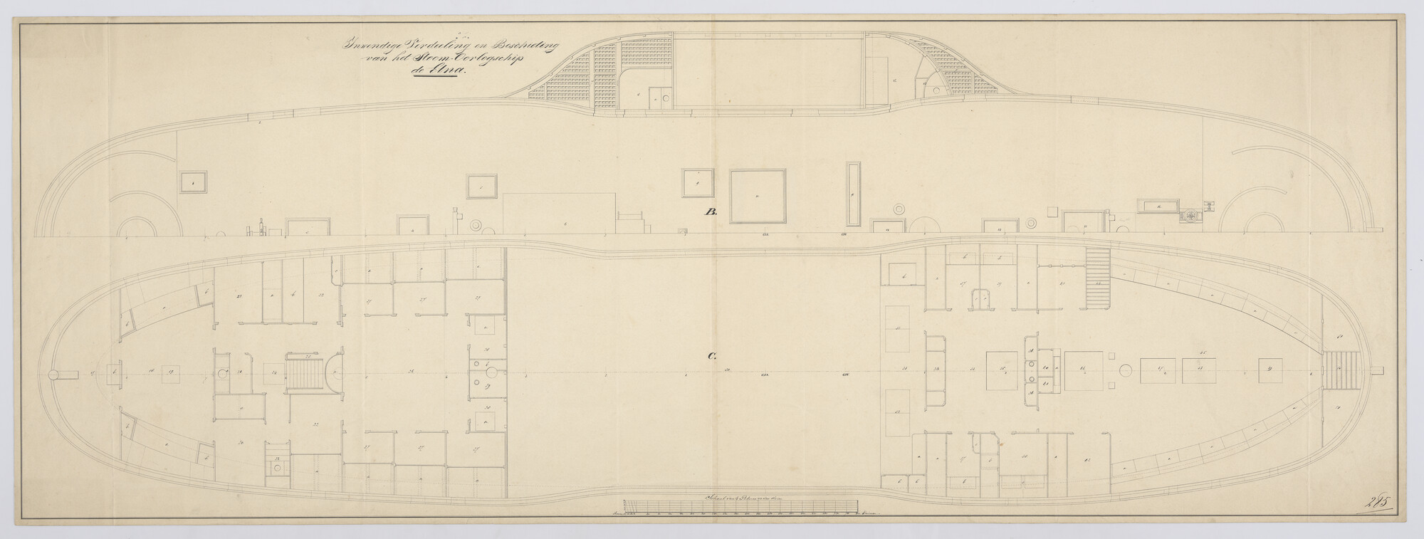 S.1214(0211); Dekplan van het stoomraderschip Zr.Ms. 'Etna'; technische tekening