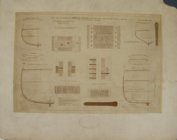 S.1156(06)221; Foto van een tekening van een nieuwe constructiewijze in de composietbouw van schepen; foto