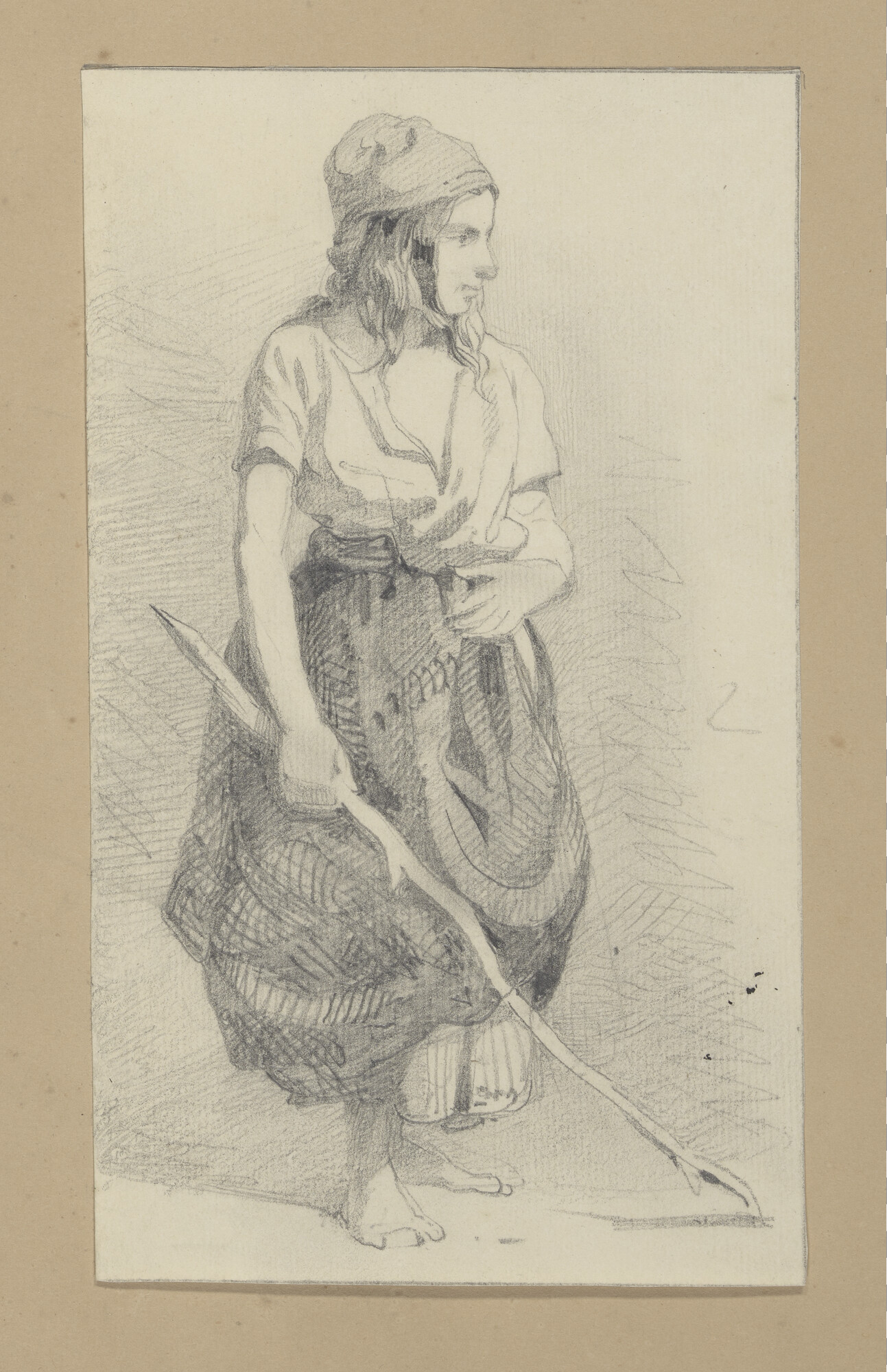 A.0863(10); Een meisje met een stok in de hand; tekening