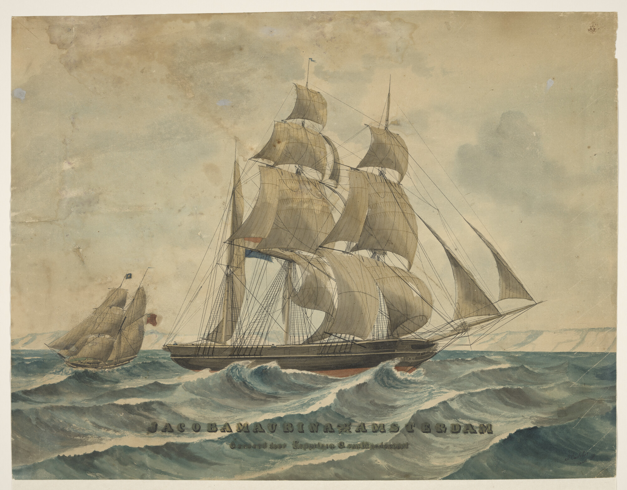 A.1845; Het barkschip 'Jacoba Maurina'; tekening