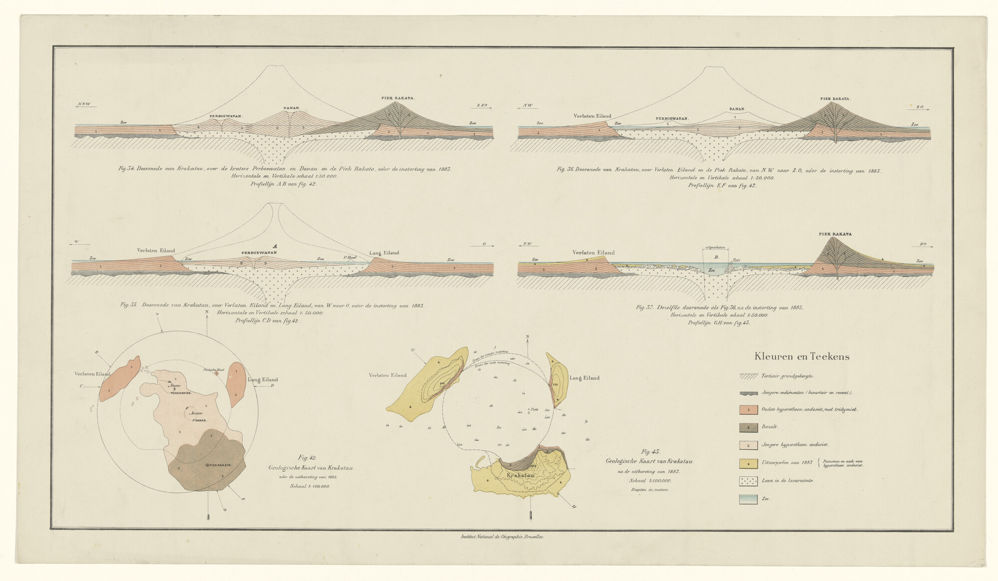 1999.0752; Gekleurde boven- & zijaanzichten van na de uitbarsting van de Krakatau van 27 augustus 1883; landkaart