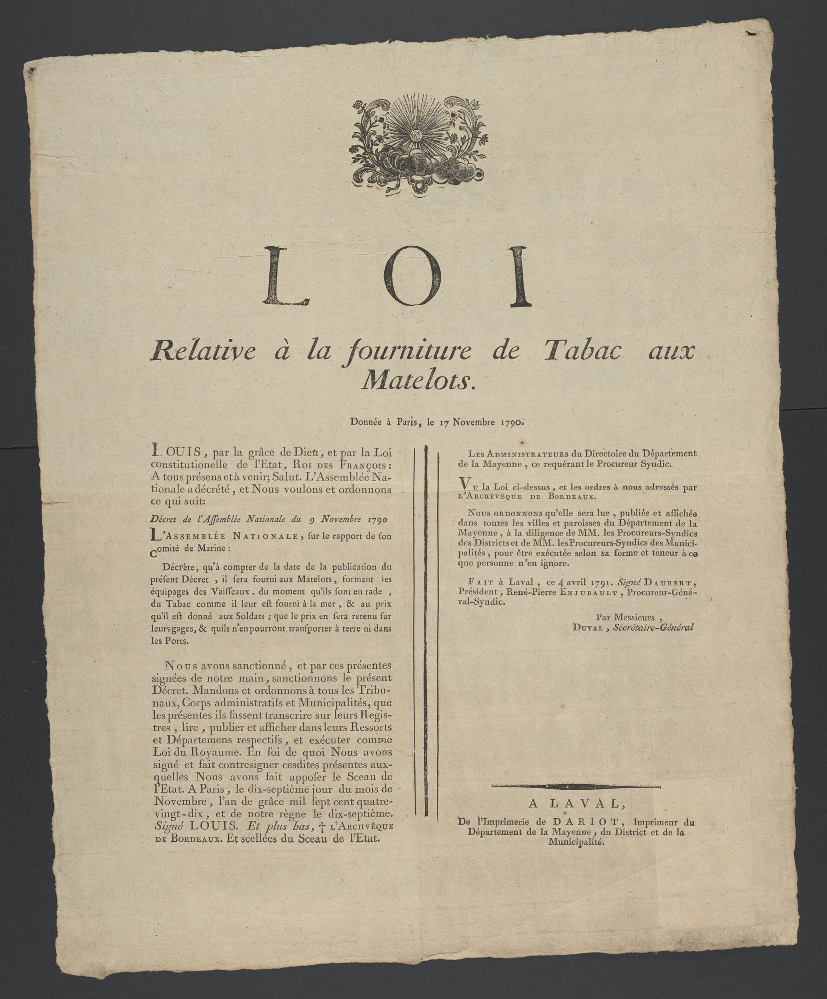 A.1631(02); Frans pamflet over een wet of Koninklijk besluit over de verstrekking van tabak aan zeemannen; pamflet