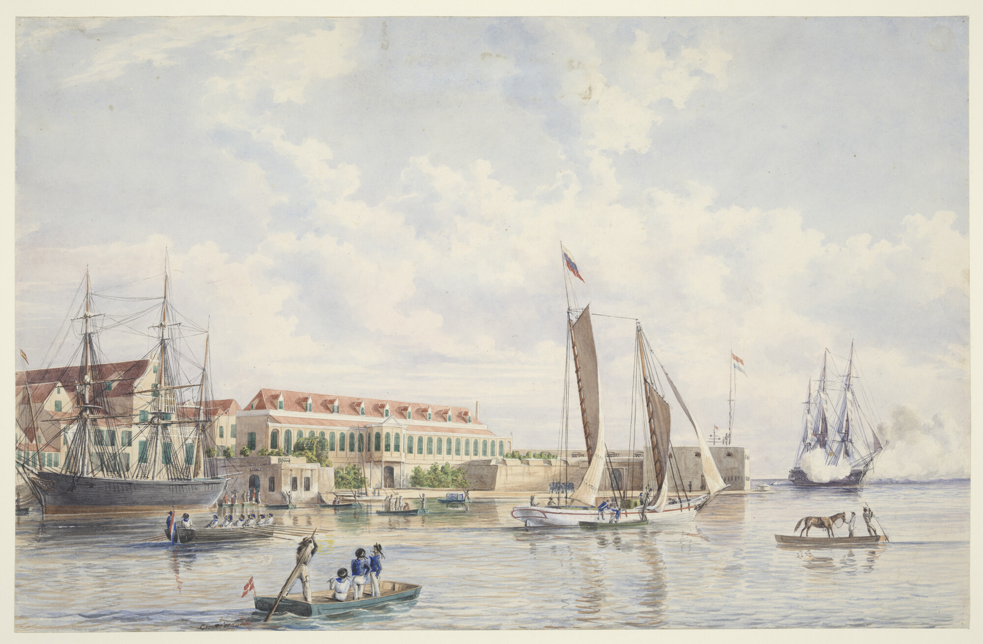 A.1732(01); De haven van Curaçao met het Gouvernementshuis en het waterfort; tekening