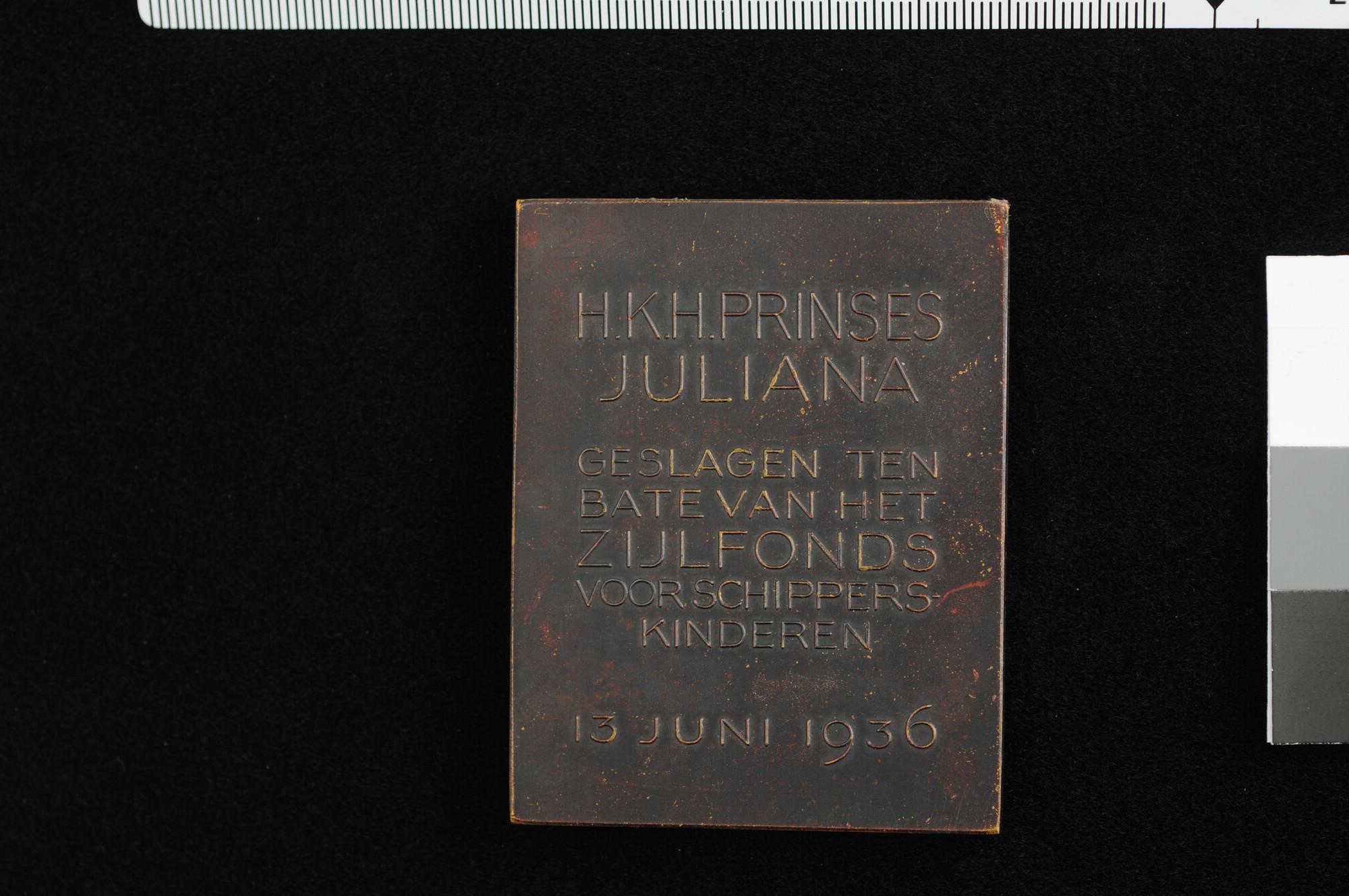 A.5311(01); Bronzen plaquette ten bate van het Zijlfonds voor schipperskinderen, 1936; legpenning