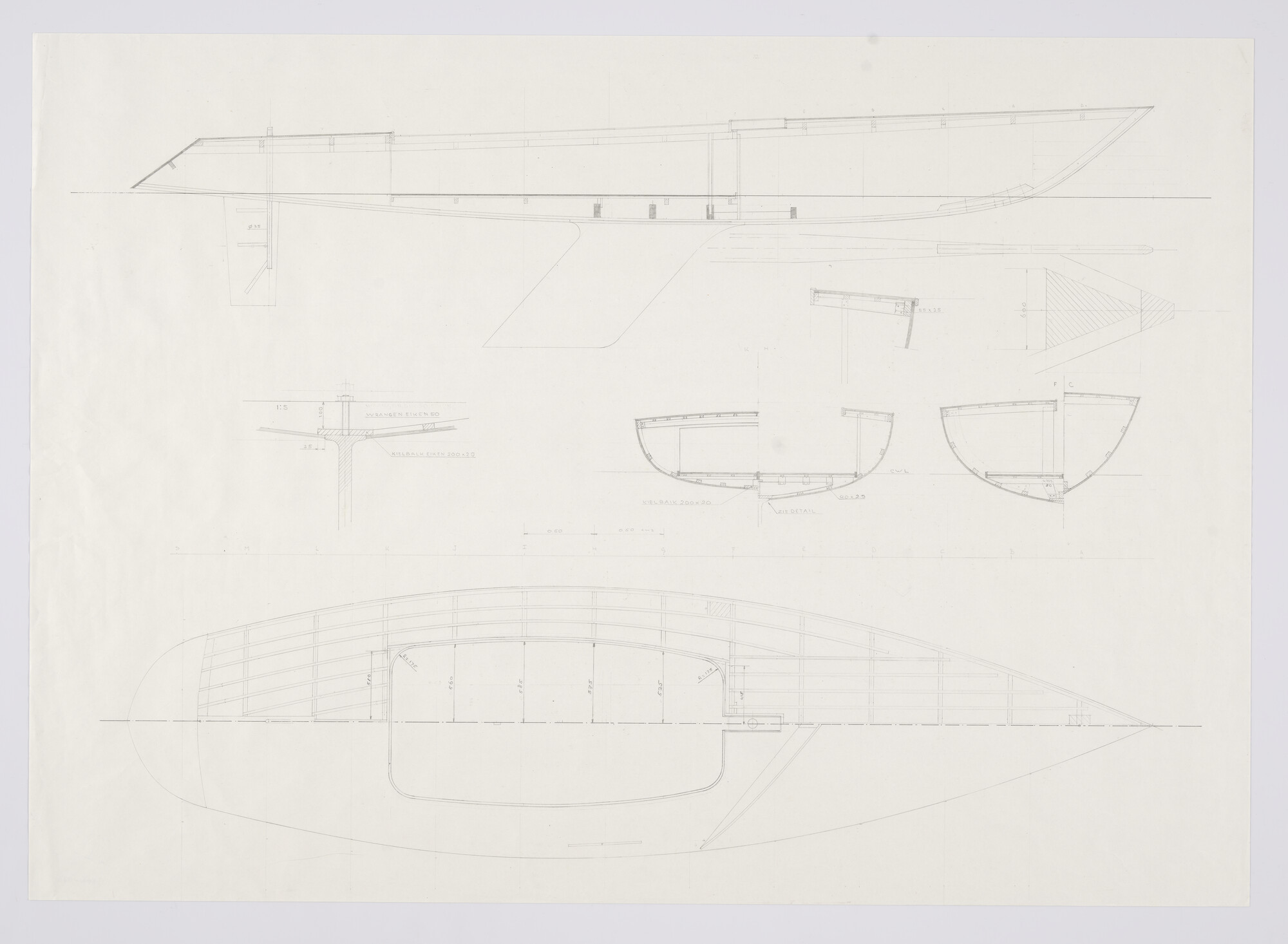 2012.0301; constructieplan van houten zeiljacht 'Mystic' van 7.36 m; technische tekening