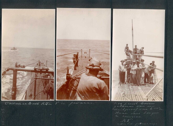 2001.1108; Blad uit een fotoalbum, met 6 foto's van de onderzeeboten Hr.Ms. K IV en K V; fotoalbum