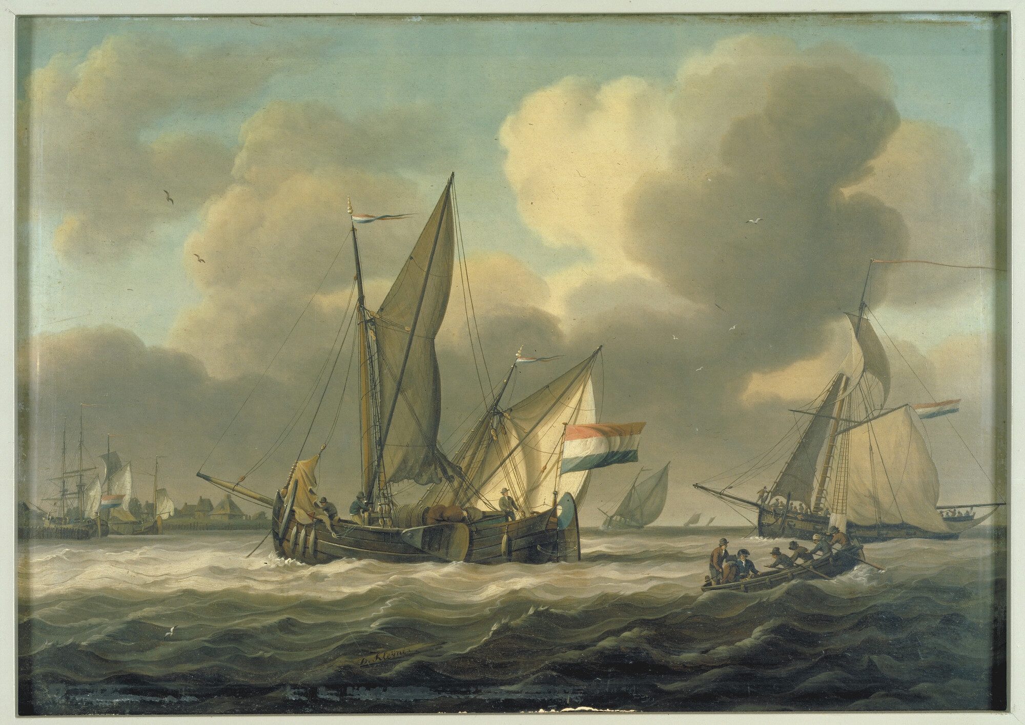 A.0410(02); Een beurtman en een kotter voor anker op een rede; schilderij