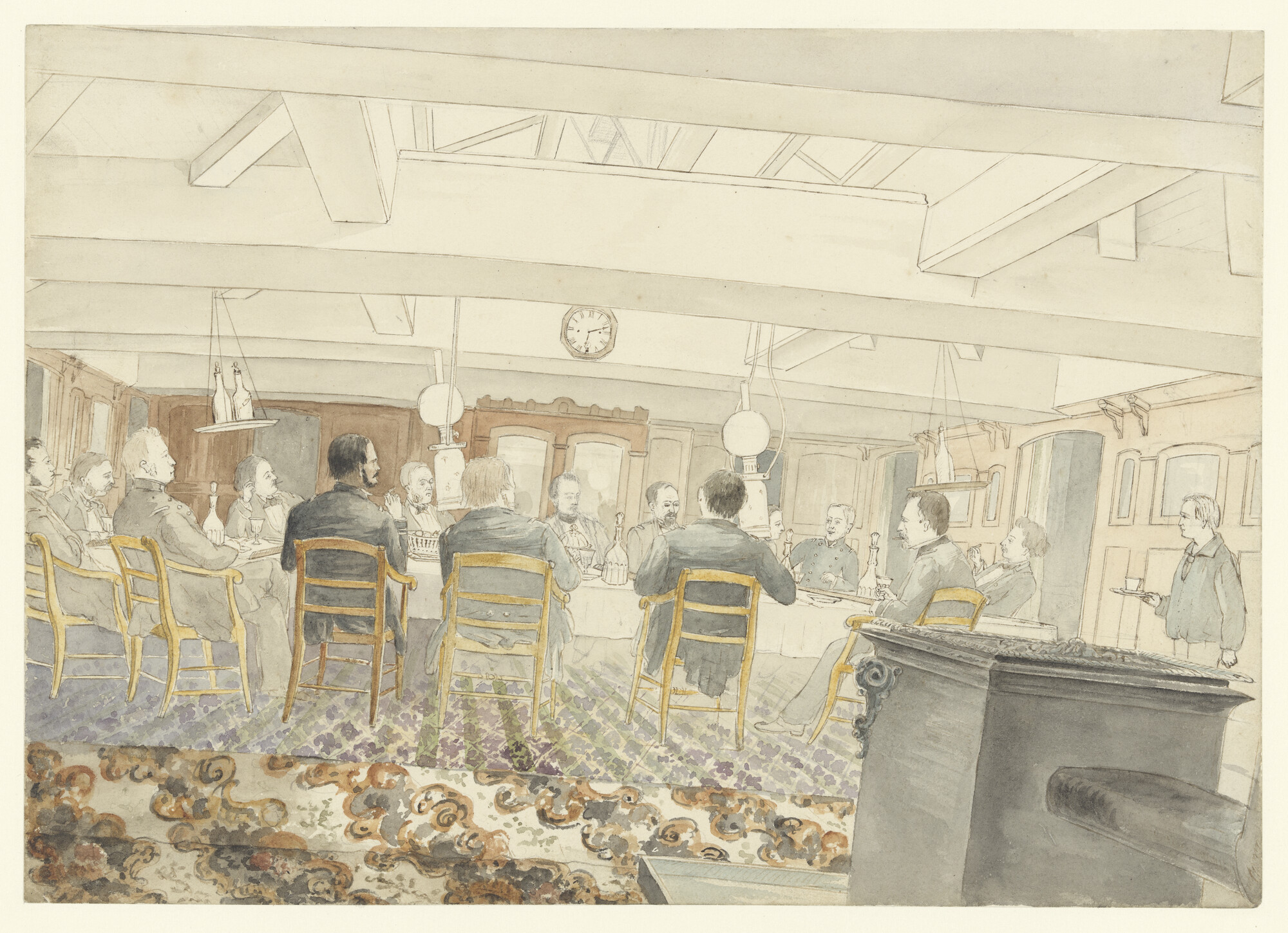 S.0634(01) [nr 0004]; Bitteruurtje in de longroom aan boord van een Nederlands oorlogsschip met lichte slagzij; tekening