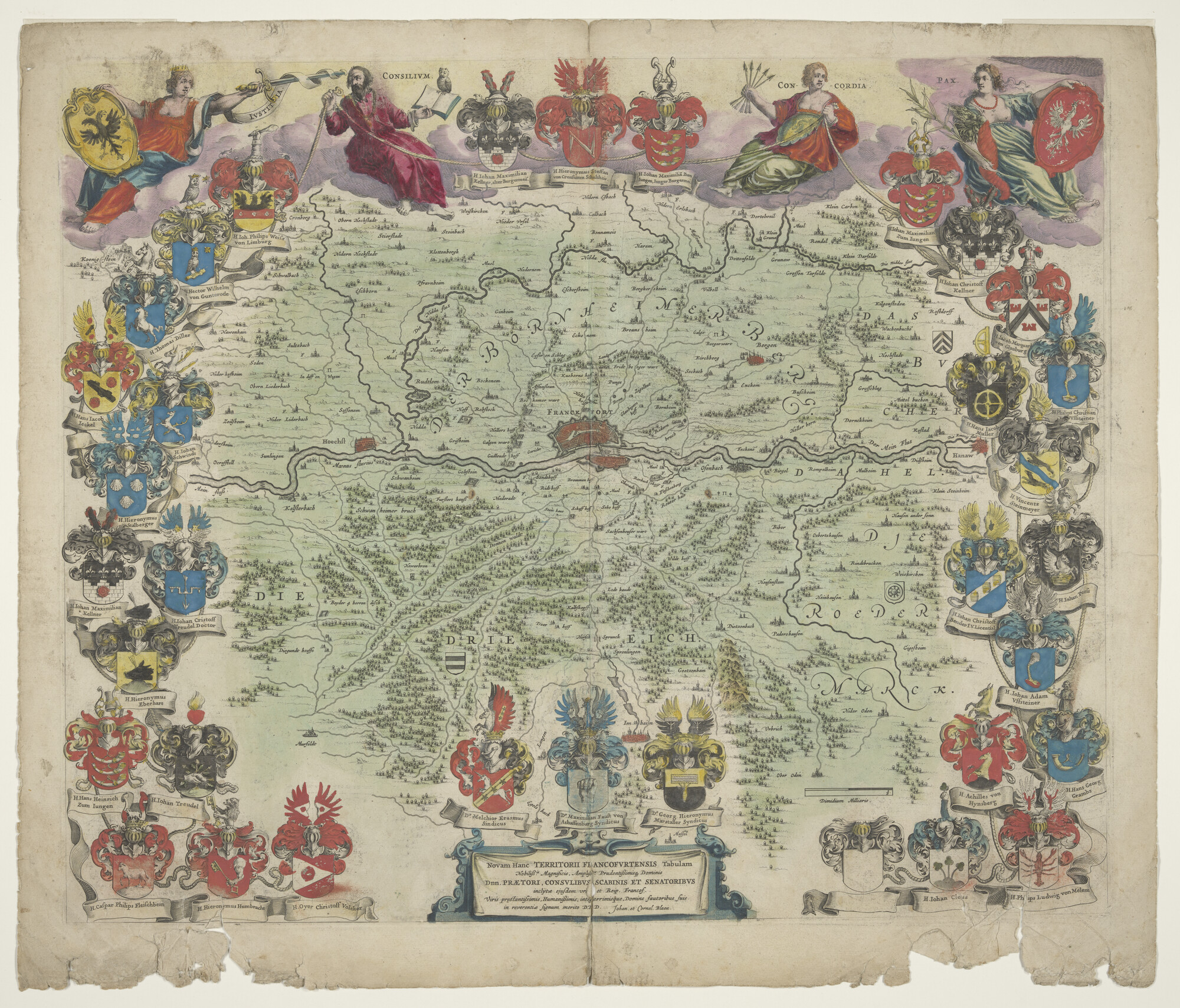 B.0216(0283); Met de hand gekleurde kaart van Frankfort (Frankfurt) en omgeving, door Cornelis (ca 1610-1642) en Joan Blaeu (1598/99-1673), Amsterdam, circa 1638-1642; landkaart