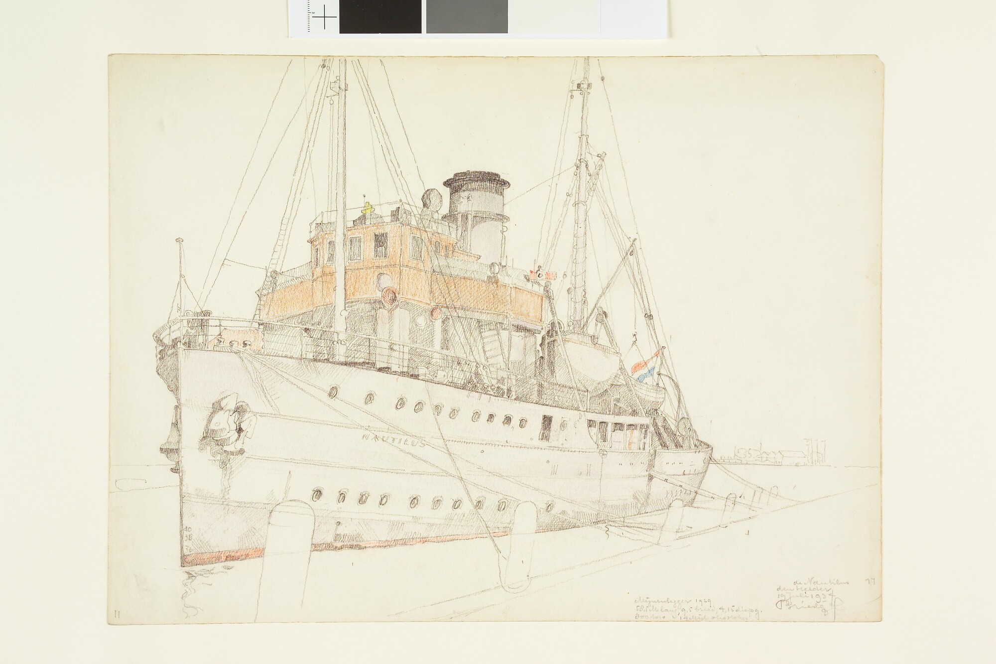 A.4894(16); De mijnenlegger 'Nautilus' aan de kade te Den Helder; tekening