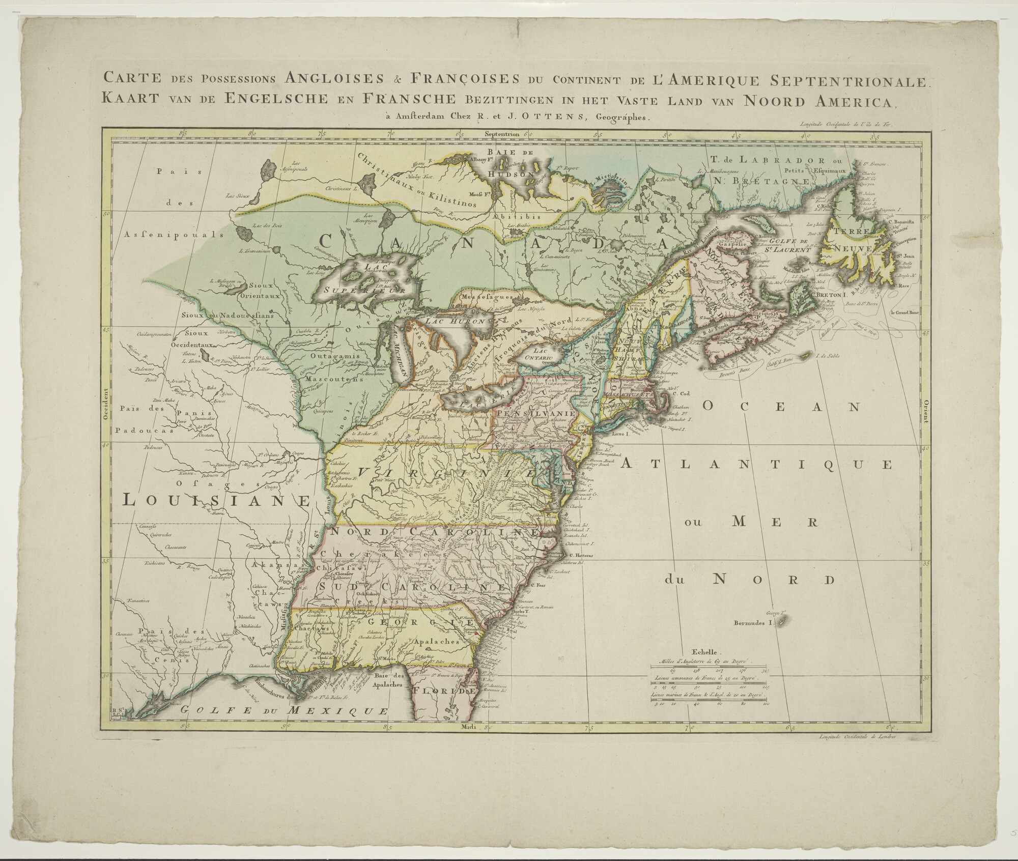 S.0183(15)1; Met de hand gekleurde kaart van de Engelse en Franse bezittingen in Noord-Amerika; landkaart