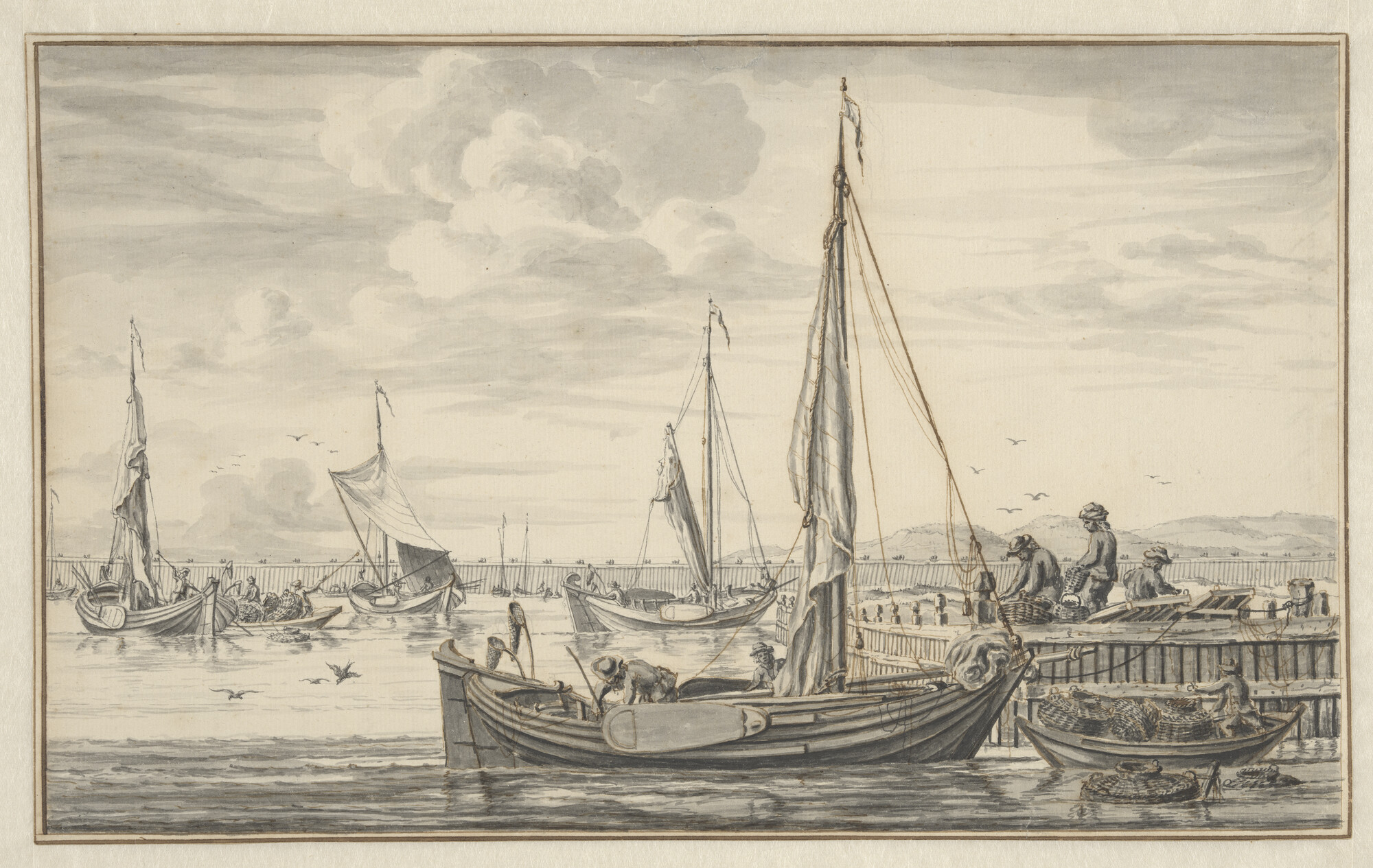 A.0149(0338); Vissersschepen in een haven, mogelijk bij Burgh op Schouwen; tekening