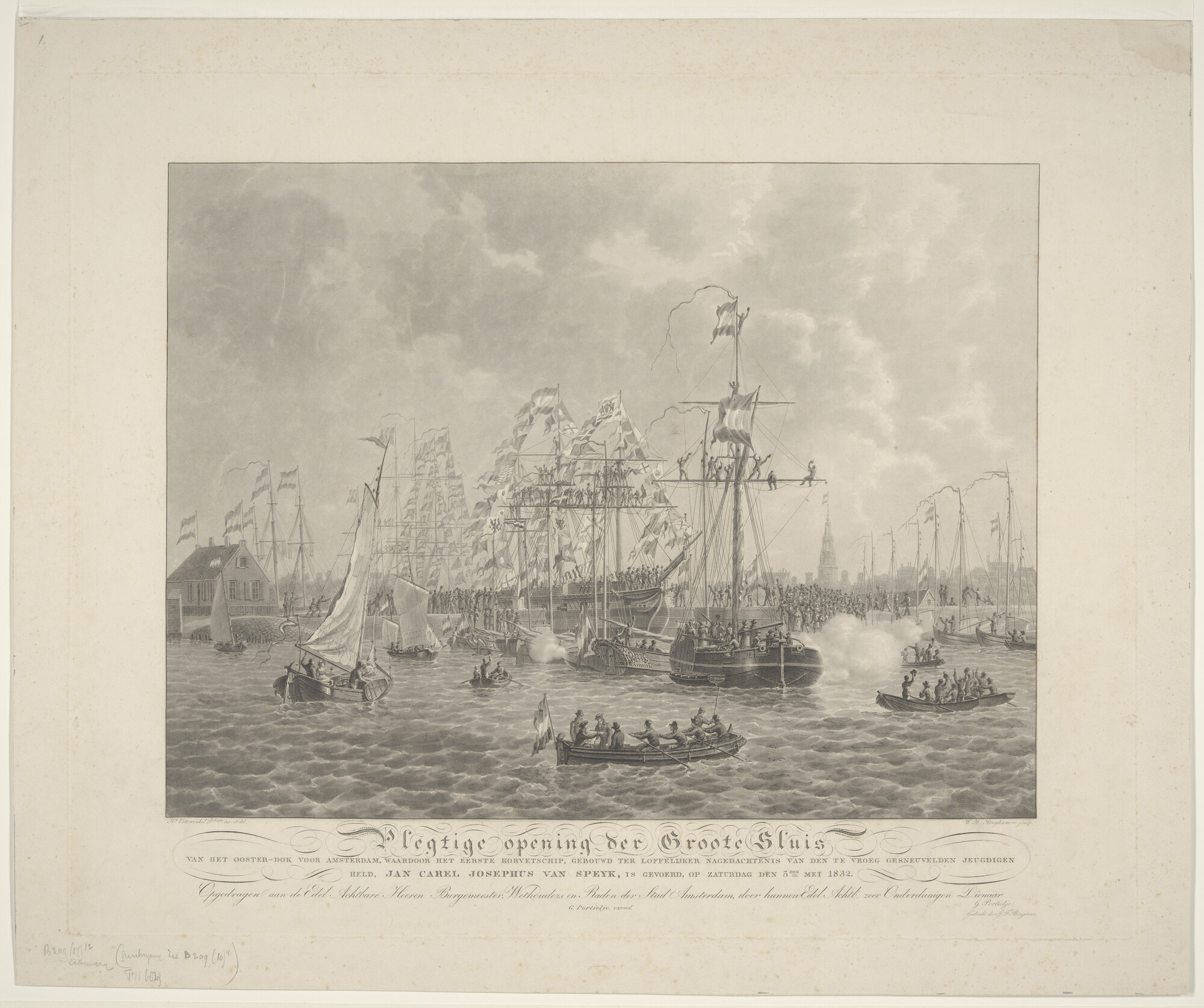 B.0209(17)12b; De plechtige opening van de Grote Sluis van het Oosterdok te Amsterdam; prent