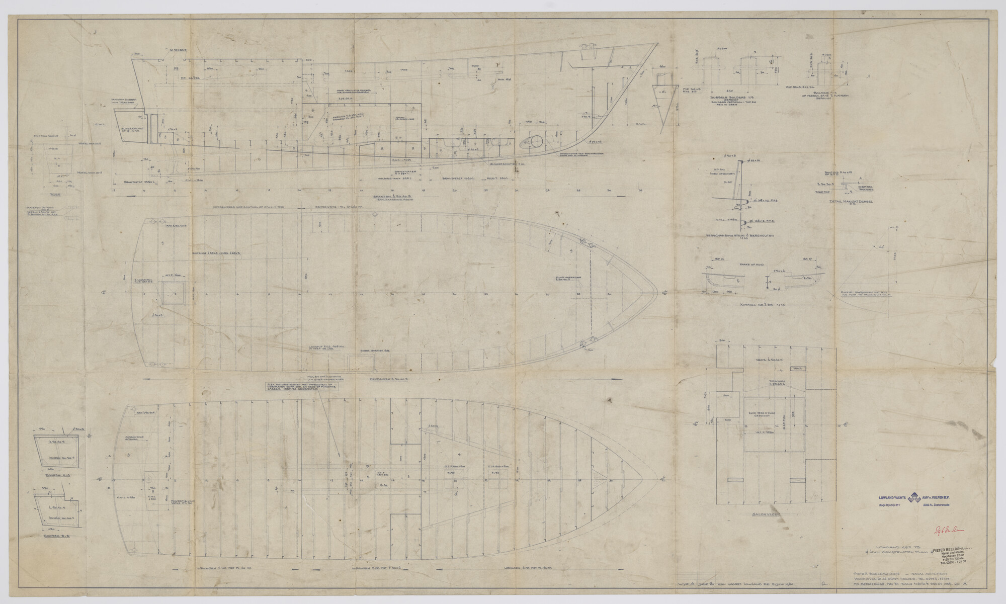 2010.0315; Constructieplan van de romp van een Lowland 462 P.B; technische tekening