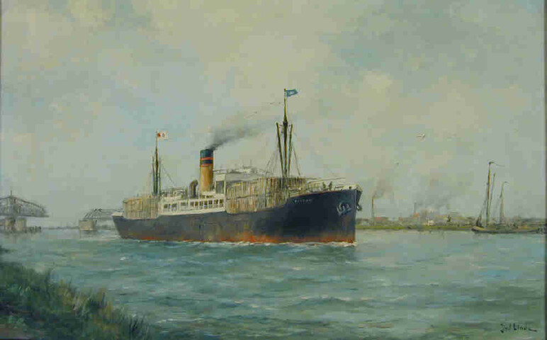 1995.1284; Het vrachtschip ss. Rossum in het Noordzeekanaal bij de Hembrug; schilderij