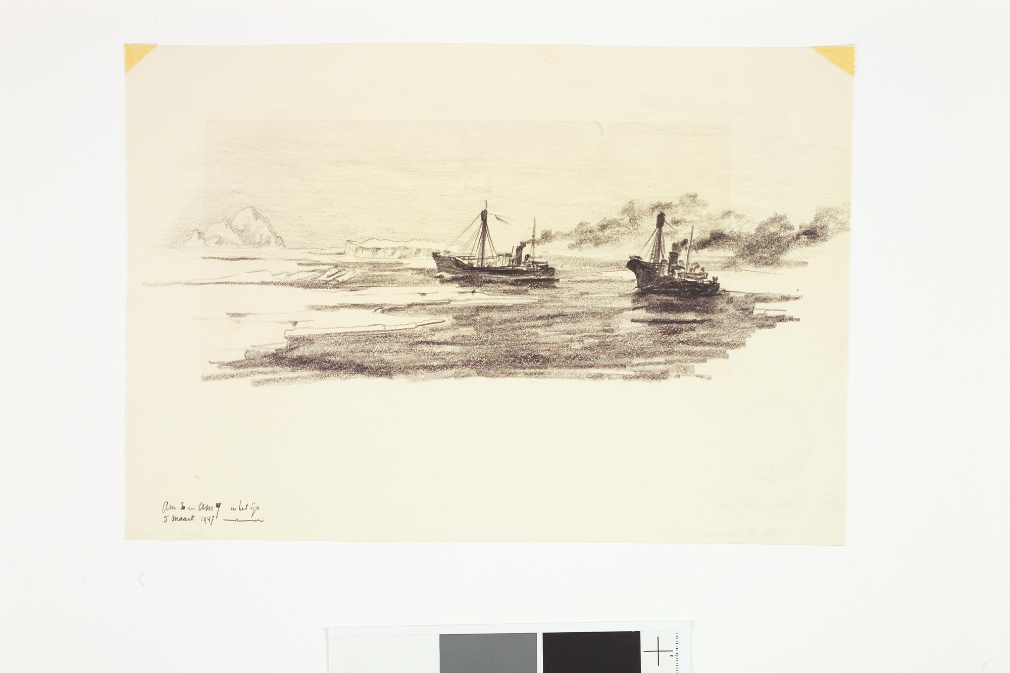 2009.1117; Tekening van walvisjagers A.M.2 en A.M.7 in het ijs, gemaakt tijdens de reis van de Willem Barendsz I naar het Zuidpoolgebied; tekening
