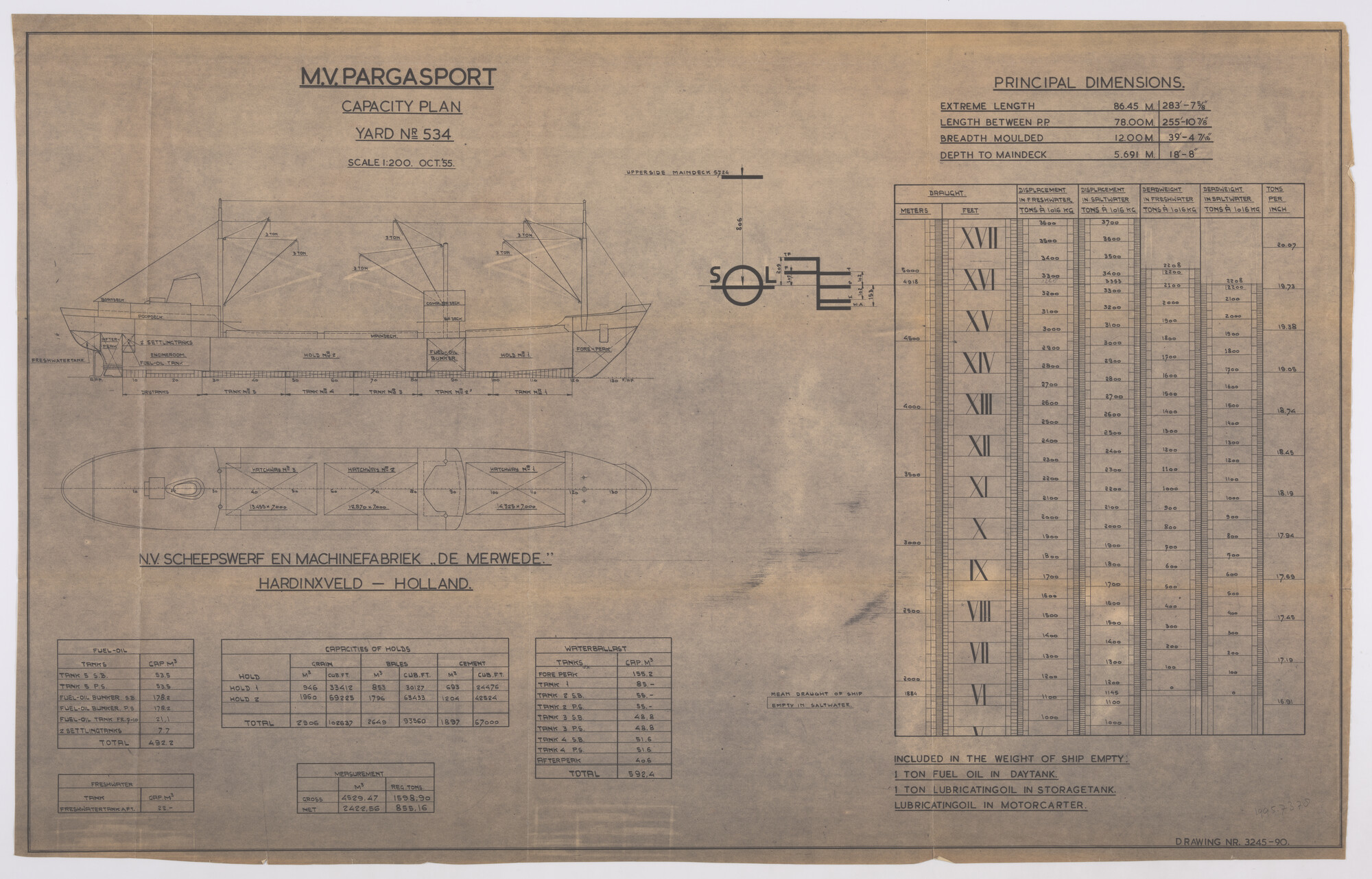 1995.7378; Capaciteitsplan (1:200) van ms. Pargasport van O/Y Suntrans A/B [...]; technische tekening